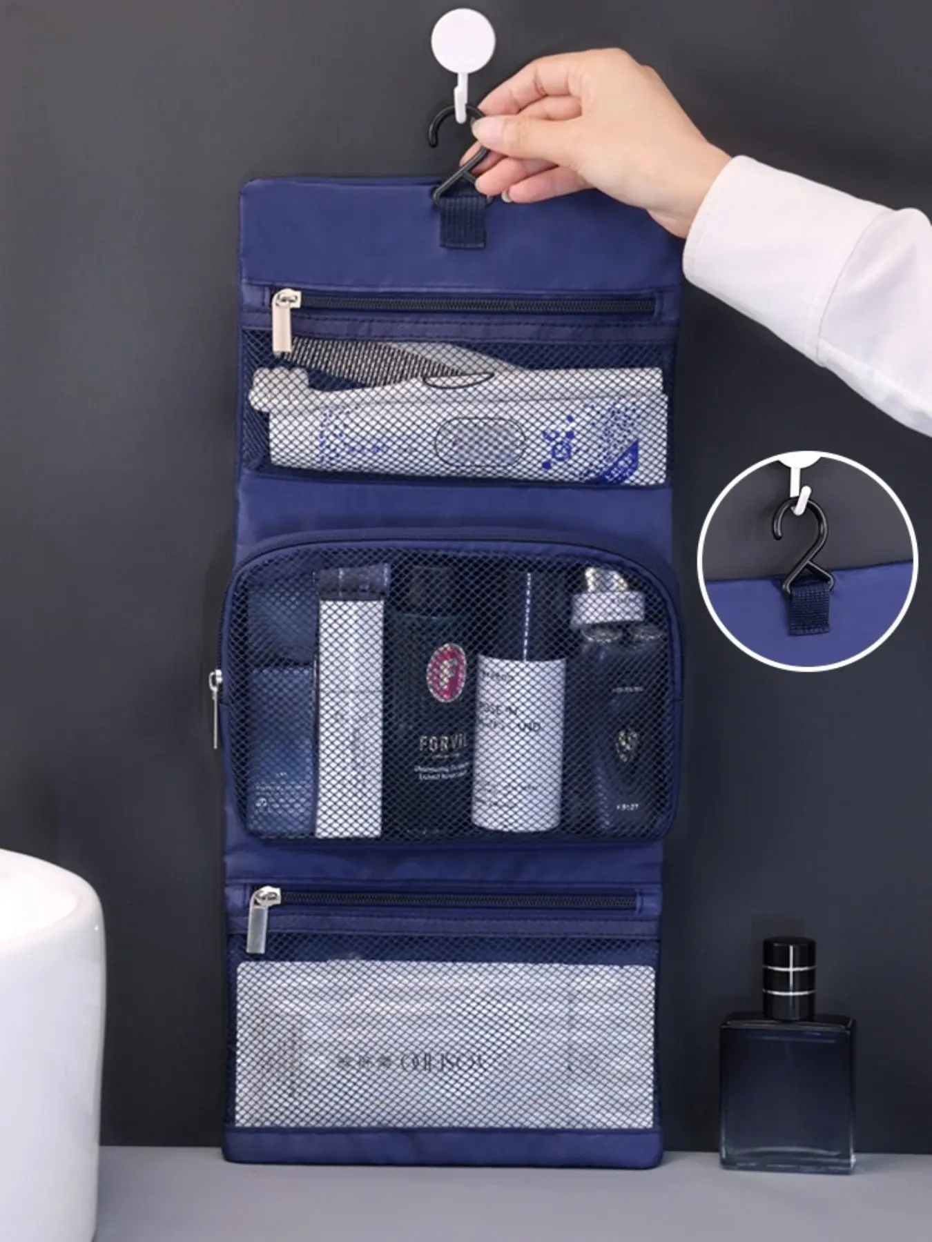 Men's Foldable Hanging Toiletry Kit, Water Resistant Oxford Travel Wash Bag, Travel Toiletry Organizer, Large Capacity Shaving Skincare Storage for Travel Gym Camping