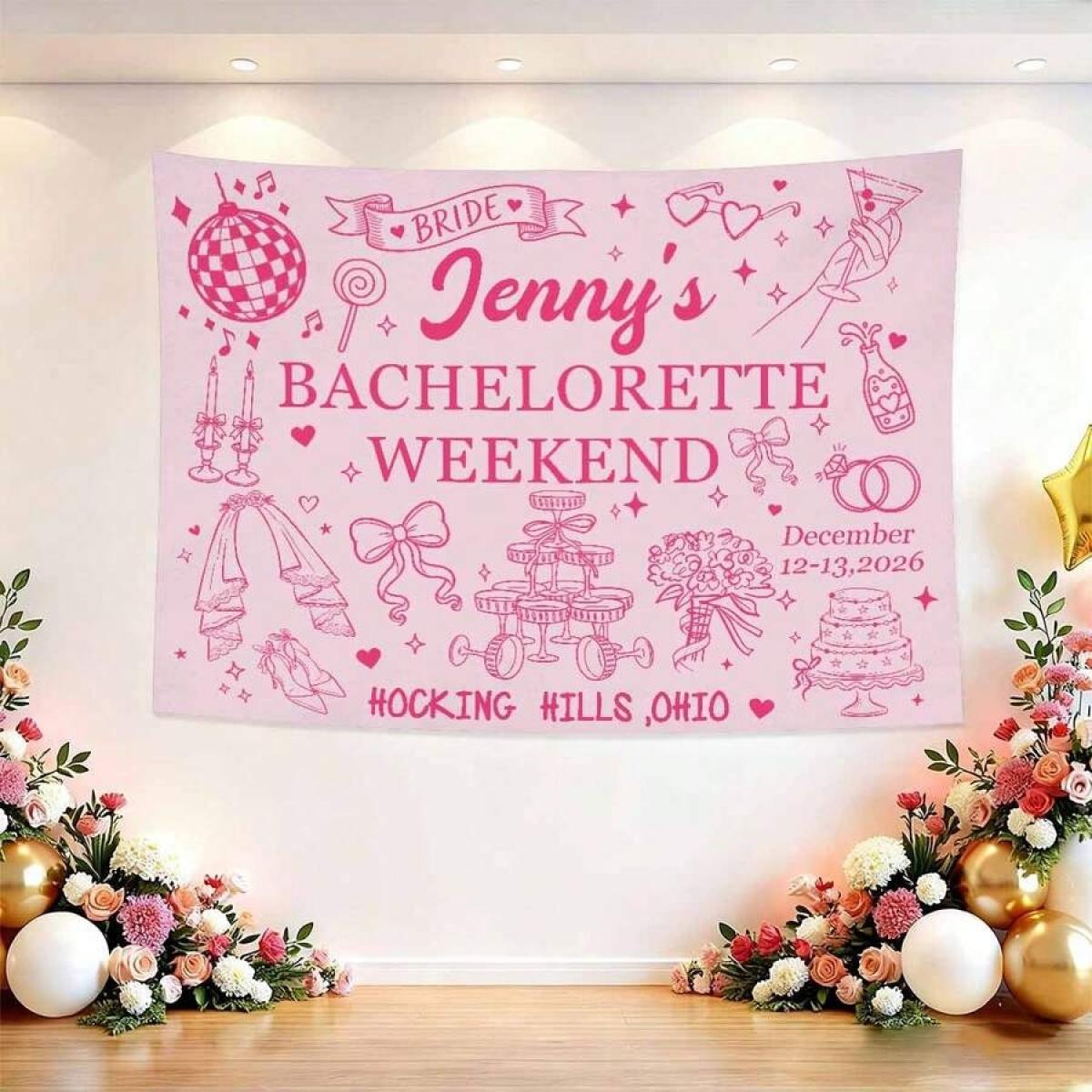 Custom Bachelorette Party Banner Tapestry, Personalized Party Wall Hangings Tapestries, Print Name/Location/Date On Background Cloth, Durable Peach Skin Fabric, Indoor/Outdoor Use, Unique Party Decor Gift For The Bride