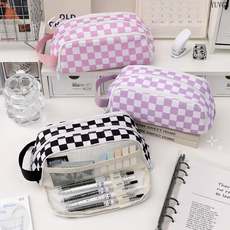 Checkerboard Pencil Case, Classic Large Capacity Oxford Handheld Organizer for School with Double Zippers and Mesh Interior, Back To School, Stuff For School tiktokshopbacktoschool