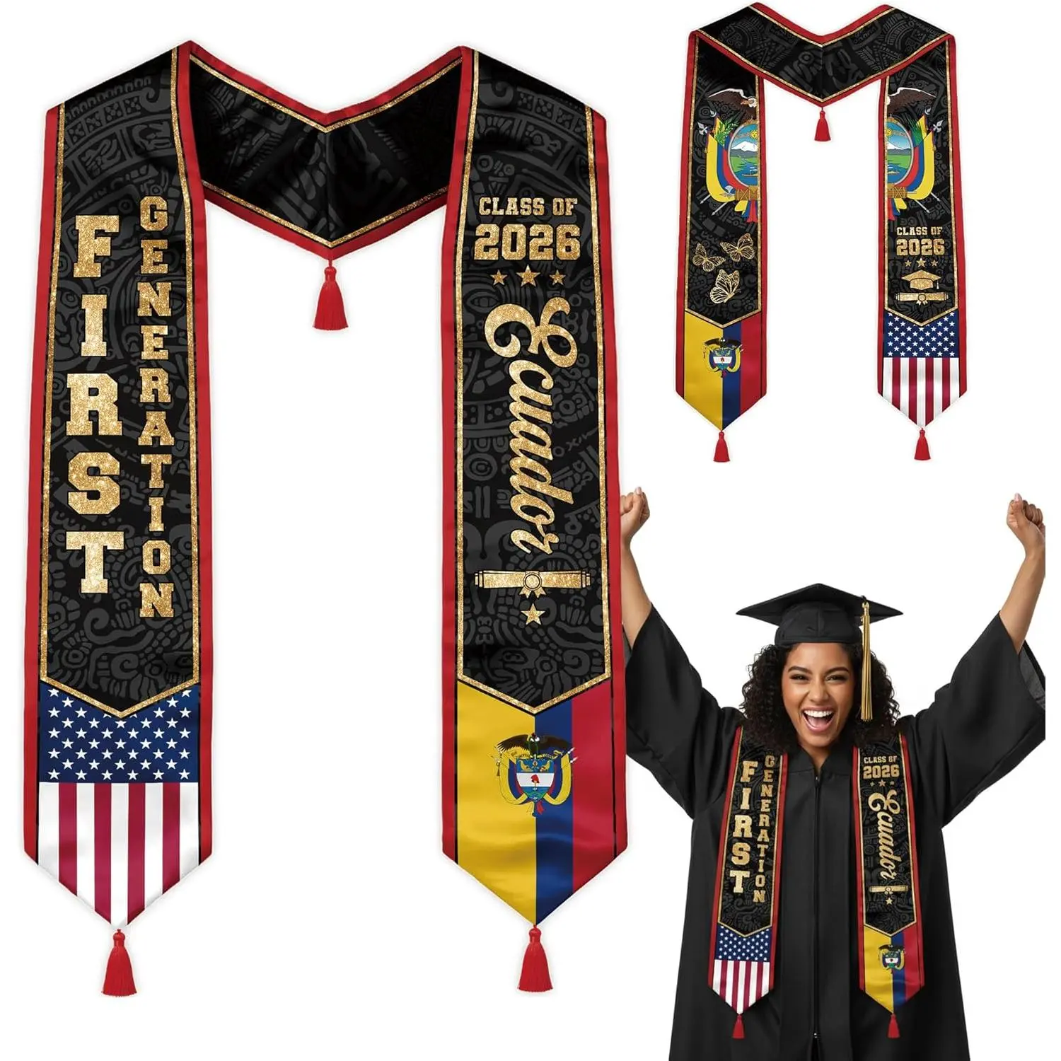 First Generation Contoured Fit Dual Designs Reversible Graduation Stole - Class of 2026 Flag Sash with Red Tassel, 72" for School Graduates