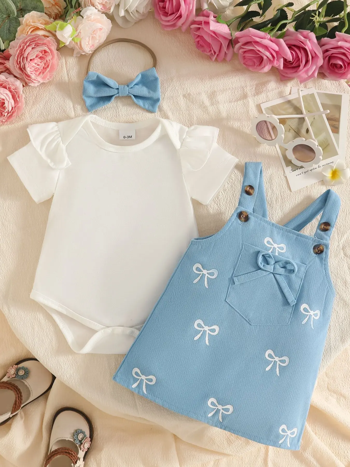 2-Piece Set Baby Summer, Sleeveless Plain Triangle Romper with Corduroy Bow Back Dress & Hairband, 0-1 Year Old Onesie + Short Sleeve Bodysuit, Infant Outfit, Baby Girl Clothes
