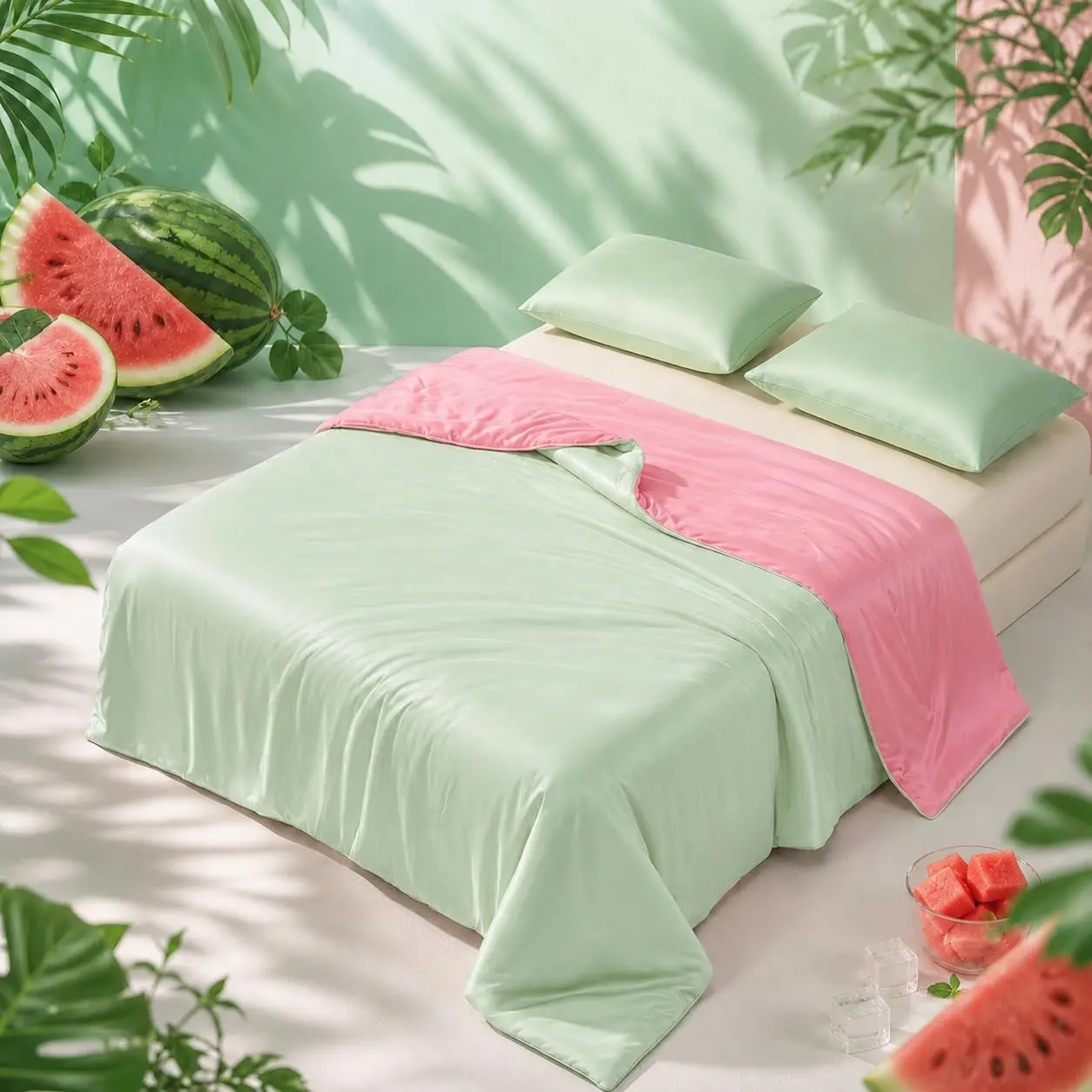 Cooling Comforter Queen Size, Cooling Blanket for Hot Sleepers, Q-Max 0.45 Reversible Summer Comforter, Lightweight Breathable Bedding for Night Sweats(Pink+Green)