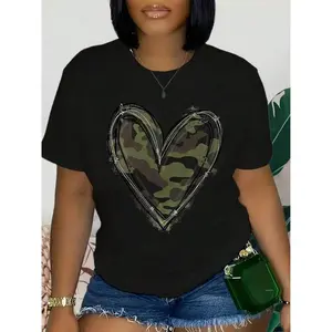 E Women's Camouflage Heart Graphic Print-Shirt - Soft Breathable Cotton Casual Short Sleeve Round Neck Top Spring Summer Daily Wear, Casual Daily Wear Camouflage Graphic Tee Pullover