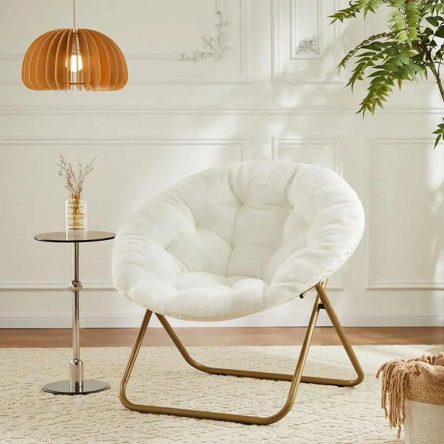 XL Faux Fur Comfy Saucer Lounge Chair - Tool-Free Foldable Neutral Home Accent Seat for Homebody Lifestyle, Bedroom & Gaming Small Spaces (Moon/Mushroom/Round Oversized Style)