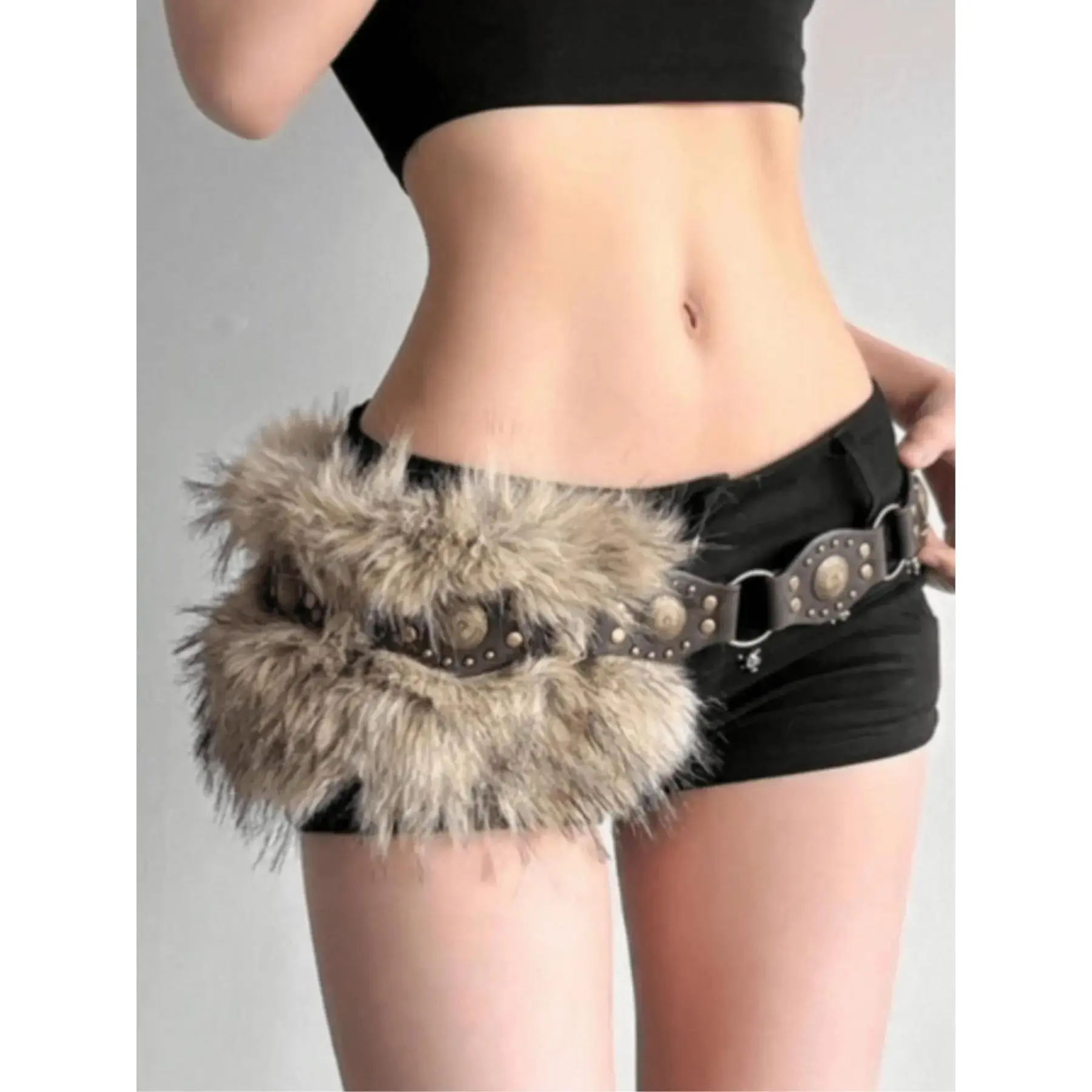 Vintage Fashion Patchwork Rivet Decorated Belt with Faux Fur, Elegant and Sexy, Perfect for Parties and Casual, Boho Style Belt