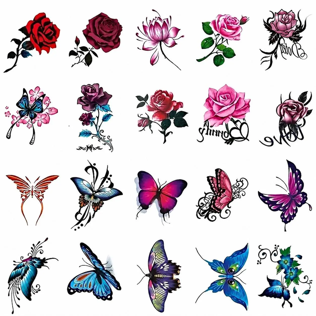 20-Piece Floral Temporary Tattoo Set - Delicate Butterfly, Rose Designs, Waterproof, Skin-Safe Water-Transfer Body Art Stickers for Teens, Ideal for Festivals, Everyday Self-Expression