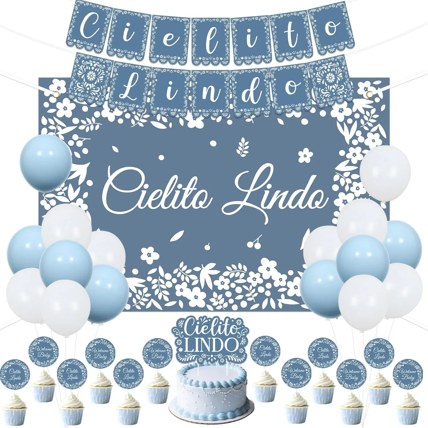 Cielito Lindo Ethnic Floral Patterns Full Set Party Decorations - Large Pre-Cut Holes Blue Papel Picado Backdrop Banner with Metal Rings, Welcome Baby Cake & Cupcake Toppers, Inflatable Balloon Decor for Boys' Baby Shower