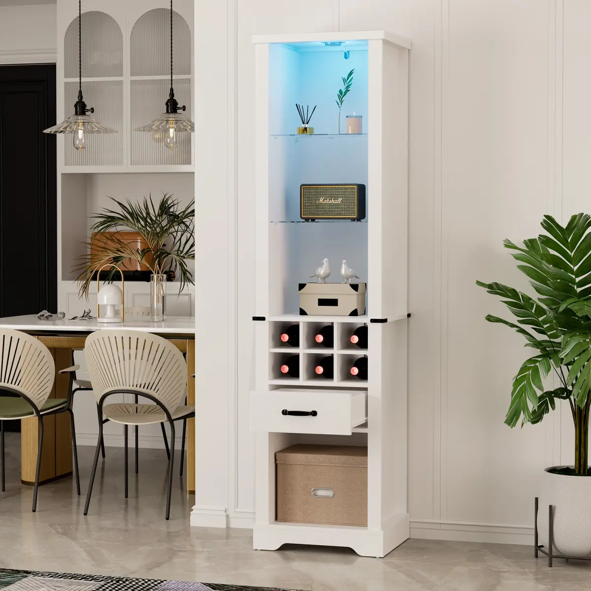 [Bellemave]75'' Tall Storage Cabinet with LED Light, Farmhouse Pantry Cabinet with Tempered Glass Adjustable Shelves & Wine Storage Rack, Freestanding Linen Tower for Bathroom, Living Room, Kitchen, White On-Site