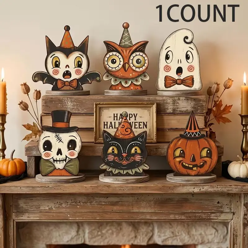 Vintage Halloween Decorations, Retro Wooden Shelf Decor, Decorative Ornaments, Cute Ghost, Pumpkin, Cat, Skull, Witch Owl, Moving Gift