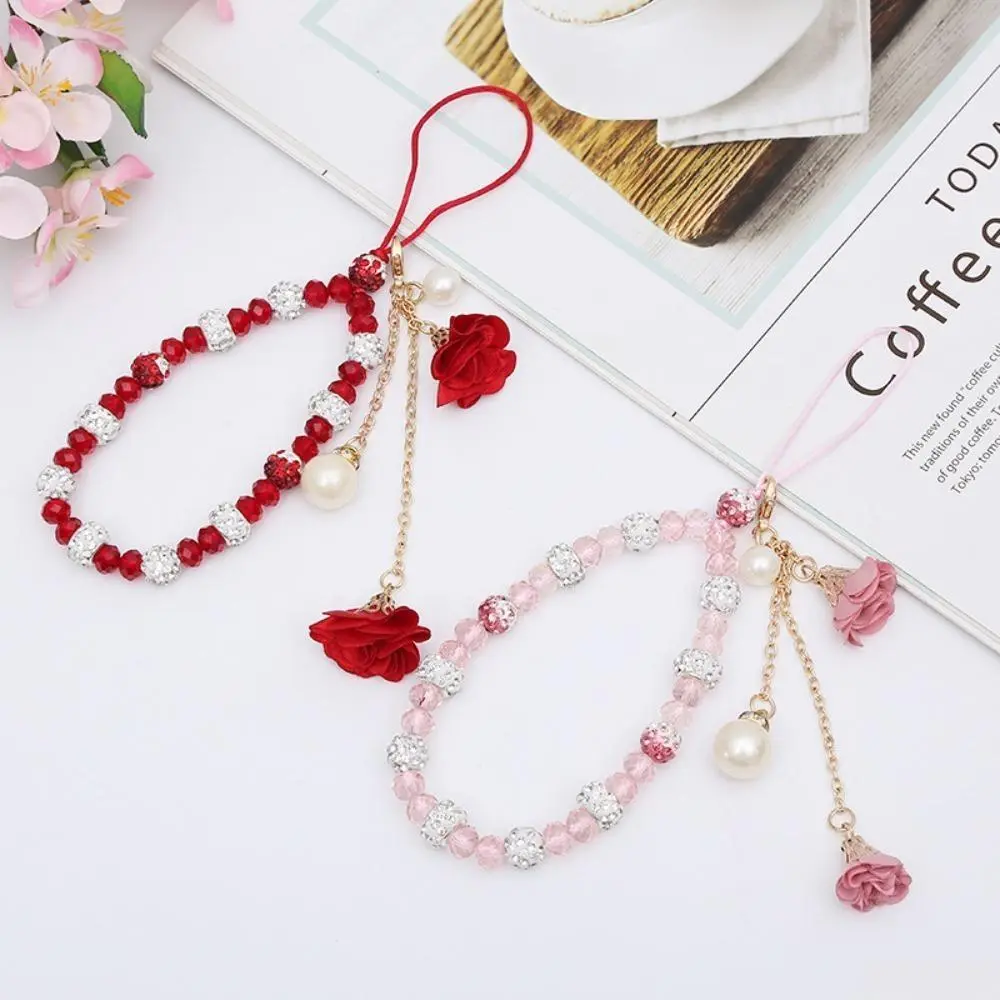 Phone Wrist Strap for Women, Aesthetic Short Floral Hand Bracelet with Crystal Rope, Mobile Smartphone Protection Accessory for Dating & Daily Wear, Casual Errands, Floral Charm, Dress