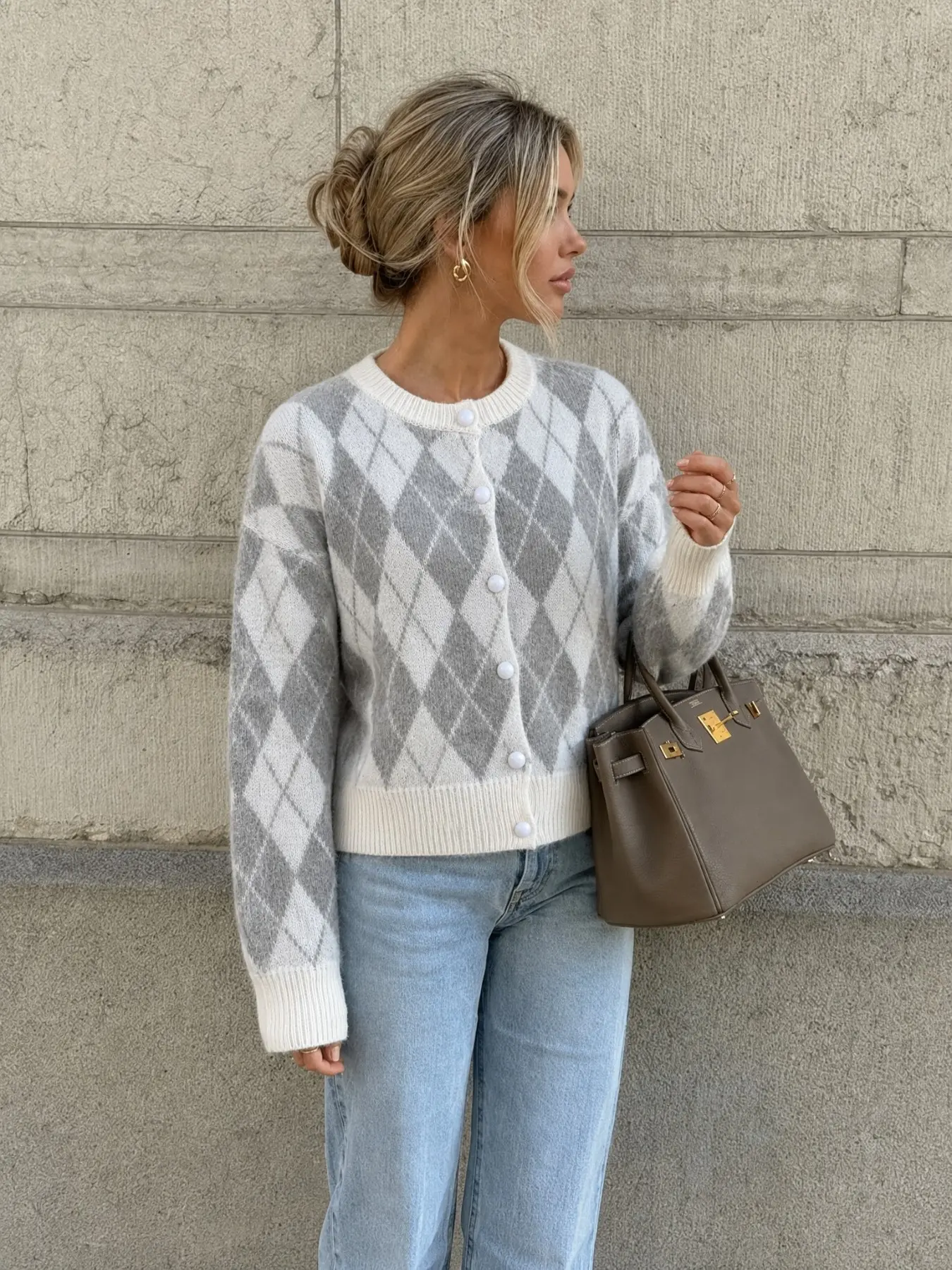 American Vintage College Style Argyle Sweater Button, Fall Fashion Short Sleeve Loose Fit, Casual Daily Commute Outerwear Gx2628