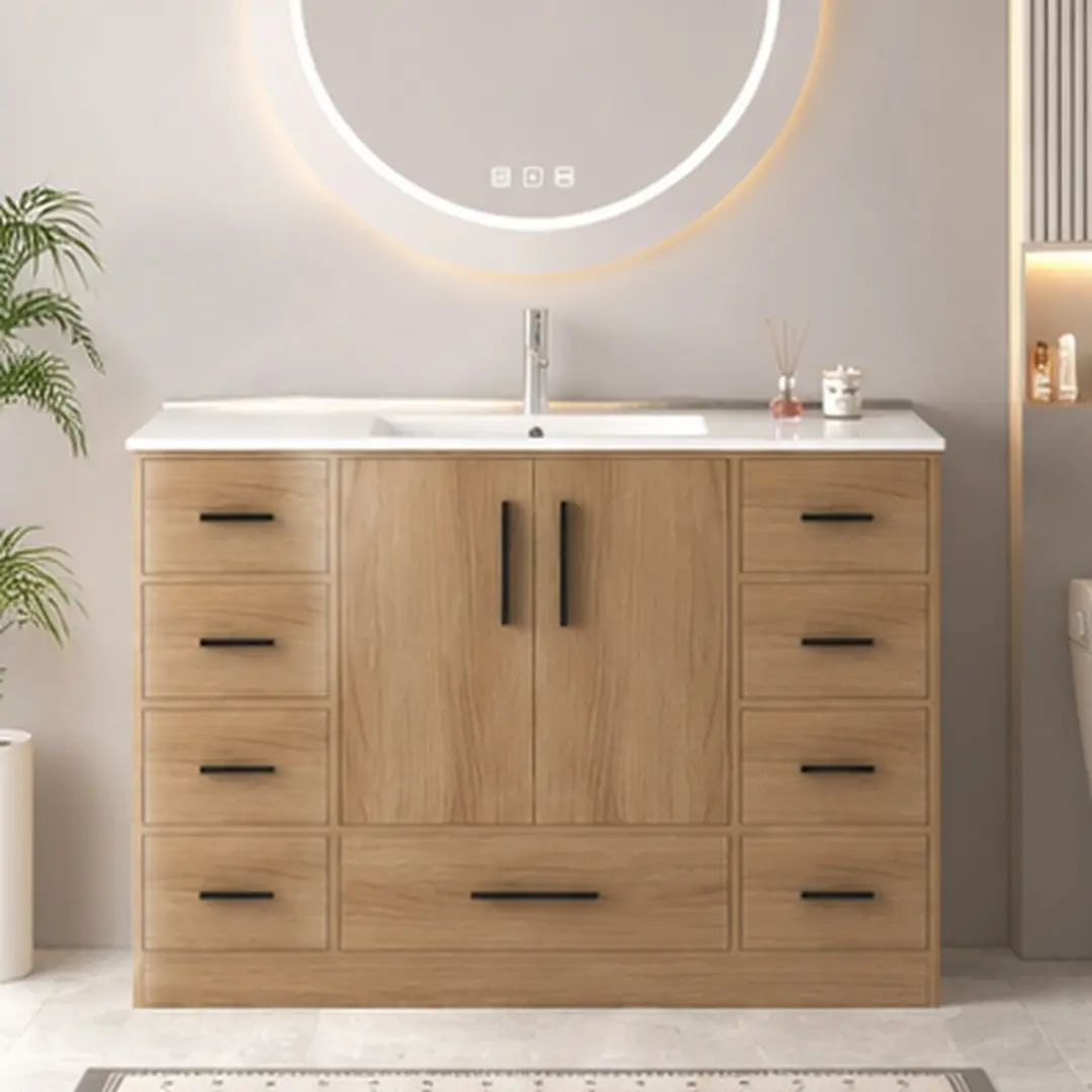 48in Freestanding Bathroom Vanity Floor Cabinet - Durable MDF & Resin-Finish, 2 Soft-Close Doors, 9 Drawers, Light Oak/Dark Brown, Assembly Required, Drawer Organization, Transitional Interior Design, Bath Storage Solutions, Drawered Bathroom Furniture