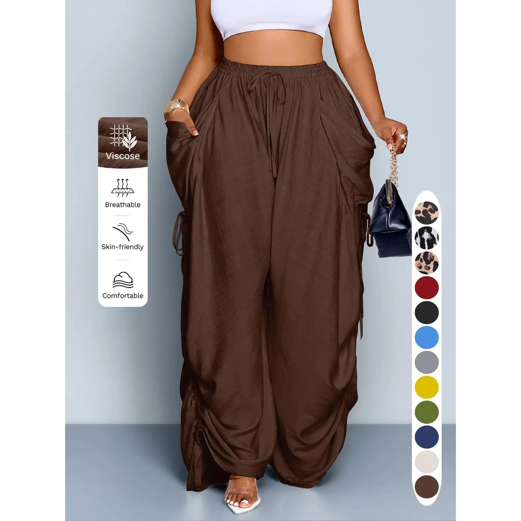 Women's Solid Plain Long Wide Leg Pants, Relaxed Loose Fit All-Season Woven Trousers, Soft Breathable Casual Bottoms, Ideal for Daily Commuting, Outdoor Travel and Vacation Wear