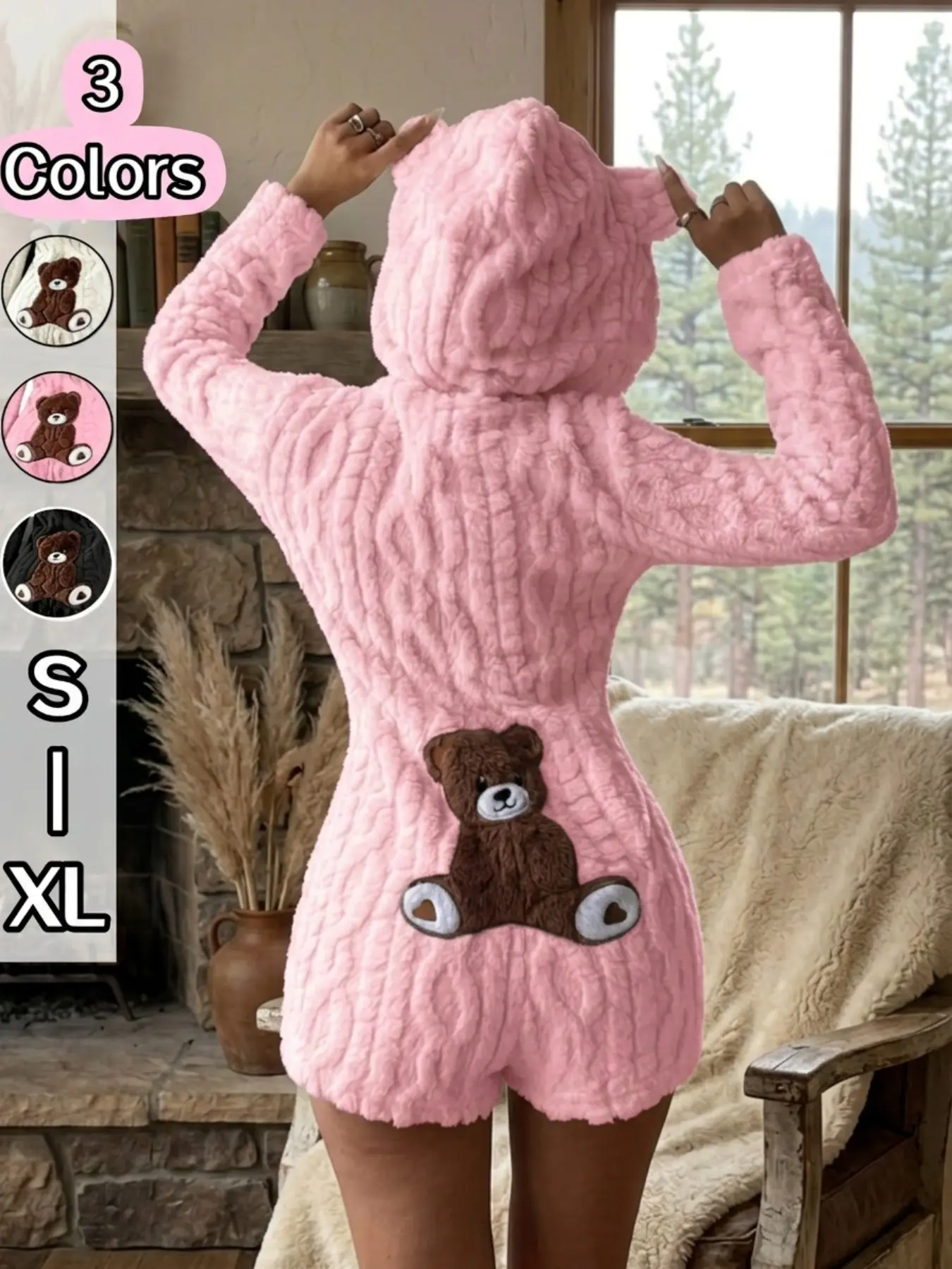 Women's Cozy Plush Sherpa Romper with Bear-Ear Hood, Ultra-Soft Teddy Bear One-Piece Pajamas, Cute Teddy Bear Sherpa Romper，Warm Fall & Winter Loungewear，