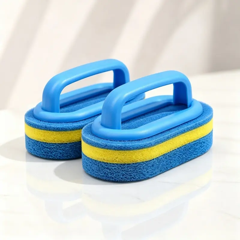2 Pack Ergonomic Handle Handheld Scrub Sponge Brush, Non-Scratch Safe Scouring Pad, Household Cleaning Tool to Remove Stains on Dish, Stove, Countertop, Bathtub, Shower Tile & Wall
