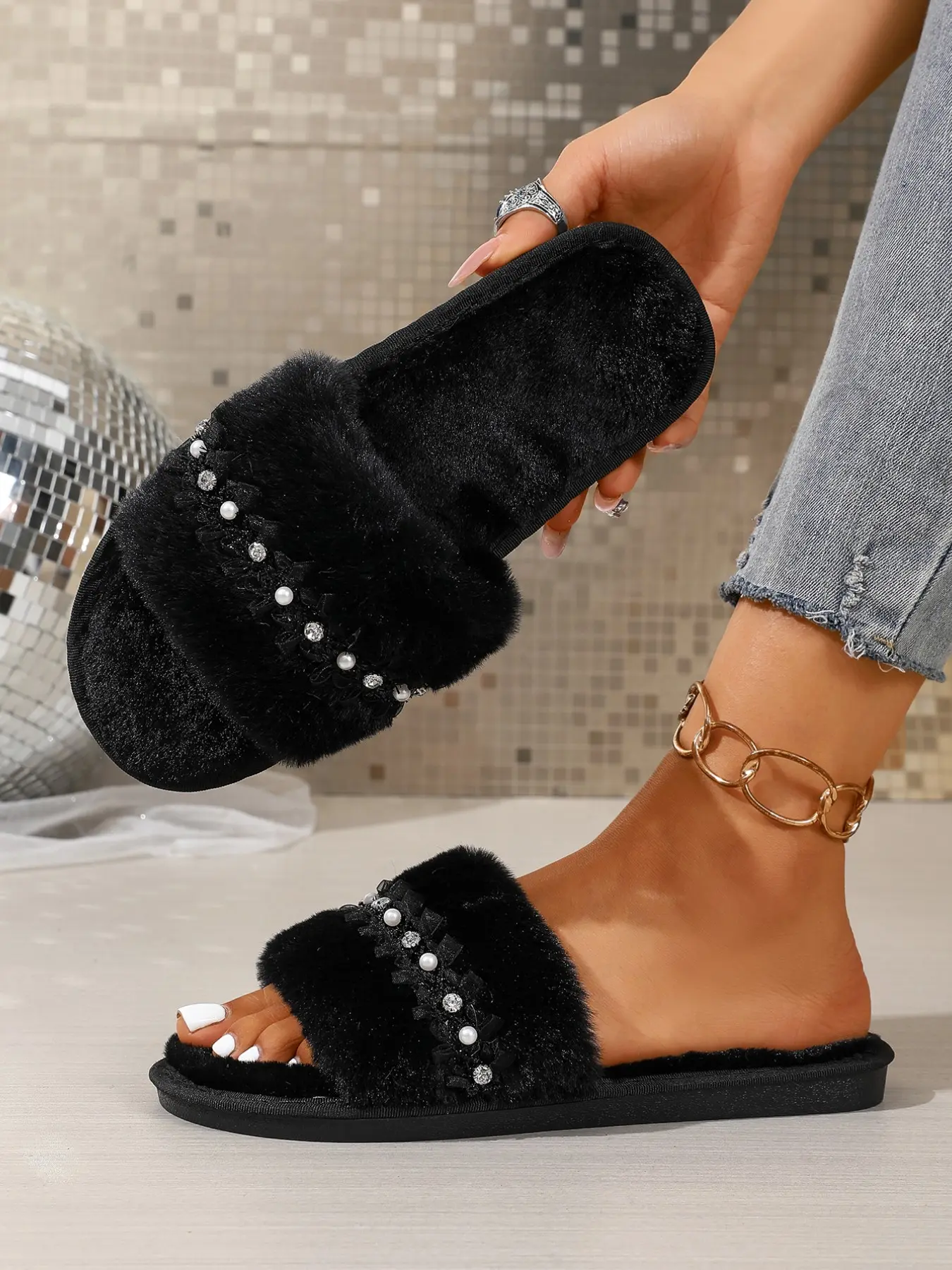 Women's Rhinestone Chain Slippers, Animal Print Textile Eva Sole, Breathable Open-Toe Design, Casual Home Wear, Rhinestone Slides