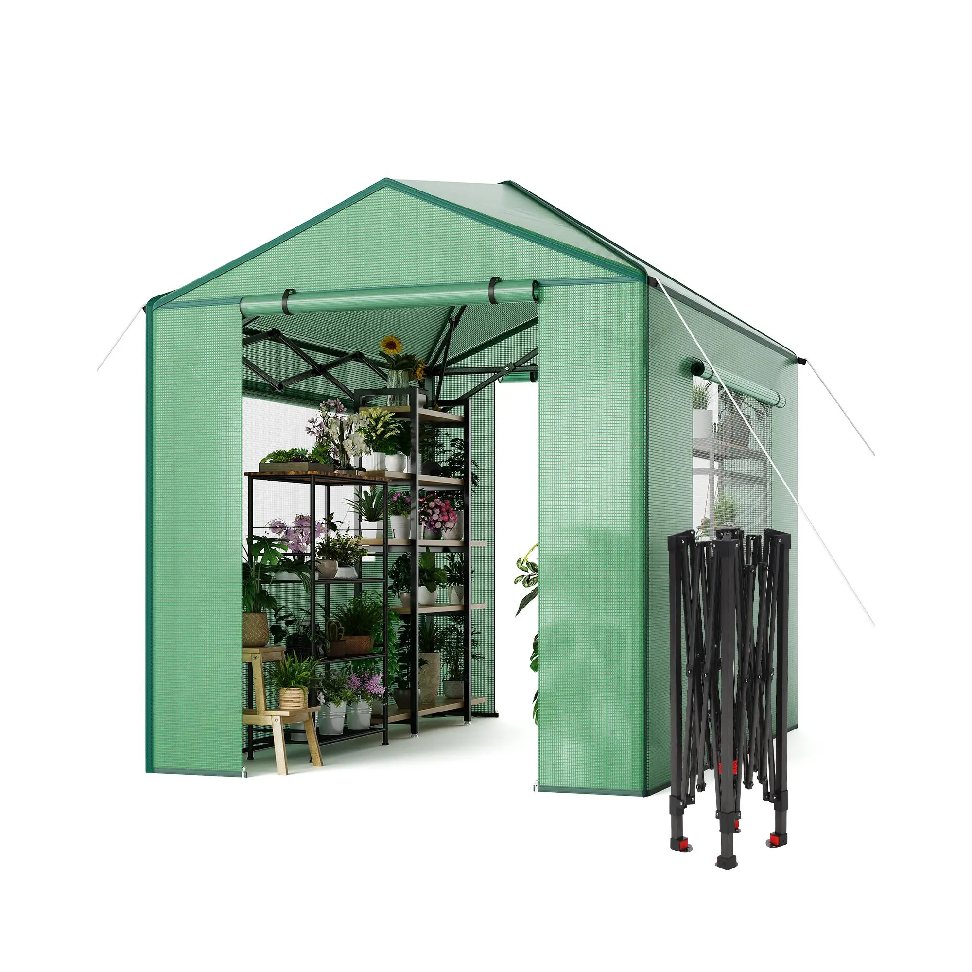 6 x 8/8 x 12 FT Greenhouse with Durable PE Cover, Large Grow Tent for All Seasons, Walk In Green House with Features Zippered  Roll-Up Doors & Mesh Windows, for Indoor/Outdoor Plants, Easy to Assemble (Green)