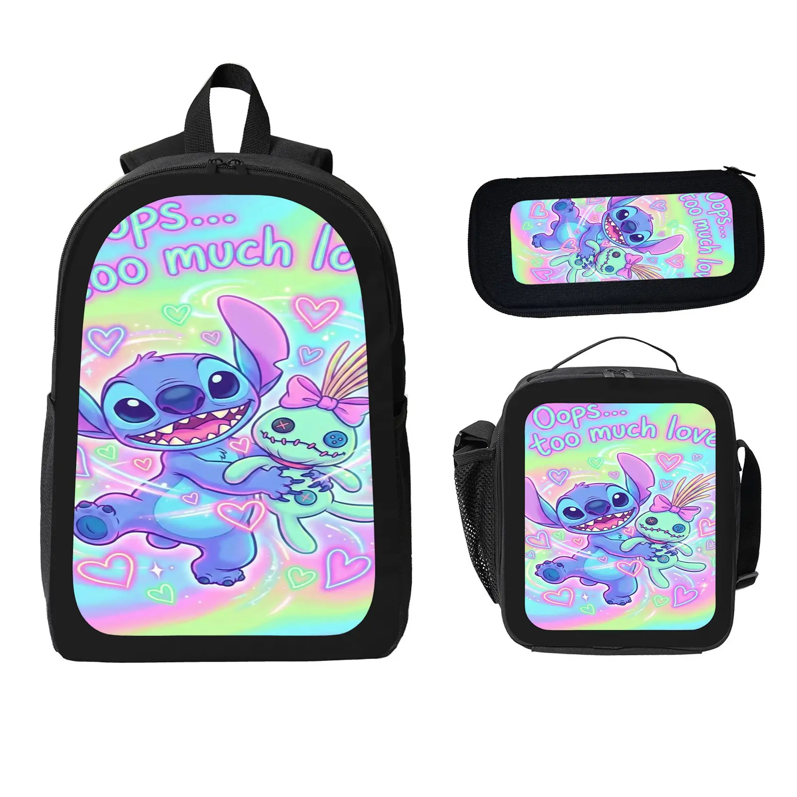 Stitch 3 Pcs School Backpack Set for Boys Girls Kids, Large Capacity Bookbag with Insulated Lunch Bag Pencil Case, Water Resistant Travel Daypack for Elementary Middle School b-68