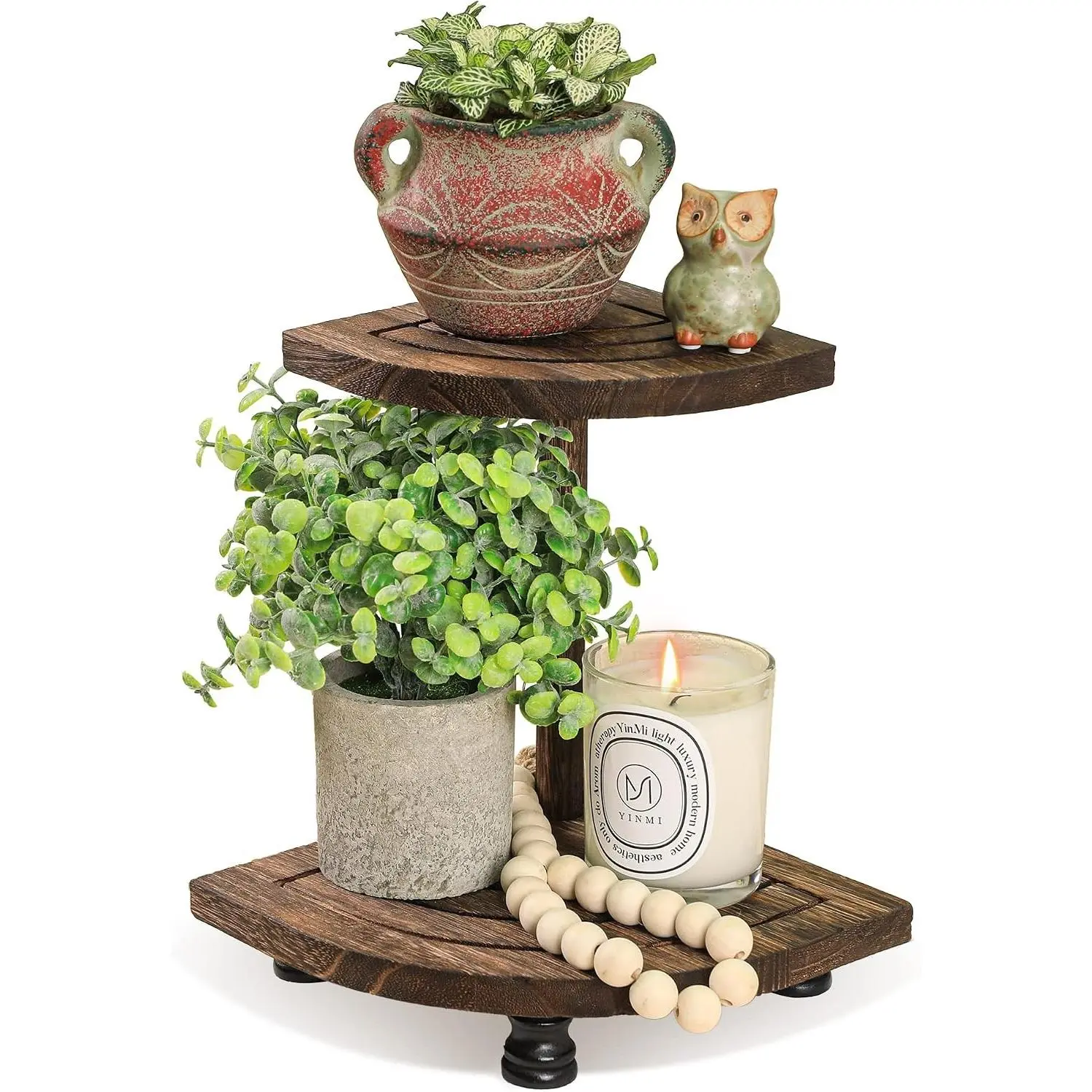 2-Tier Fan-Shaped Brown Wood Display Riser for Decor, Farmhouse Counter Shelf for Kitchen Bathroom, Small Corner Shelf for Trinkets Soap Plants and More