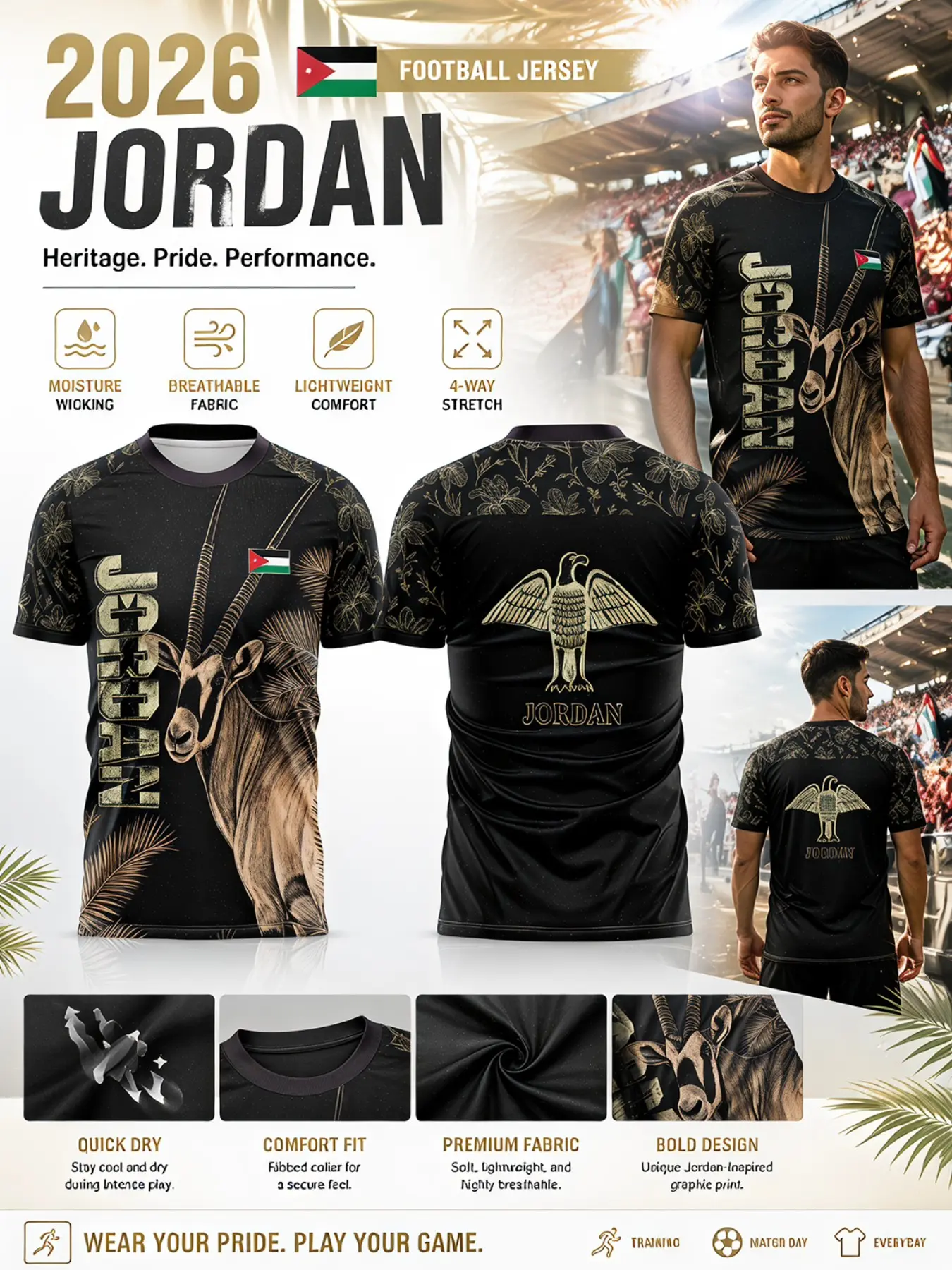 2026 Jordan Soccer Jersey, Quick-Dry Breathable Four-Way Stretch Mesh, Traditional Oryx and Palm Flower Print, Sporty Slim Fit, All Seasons