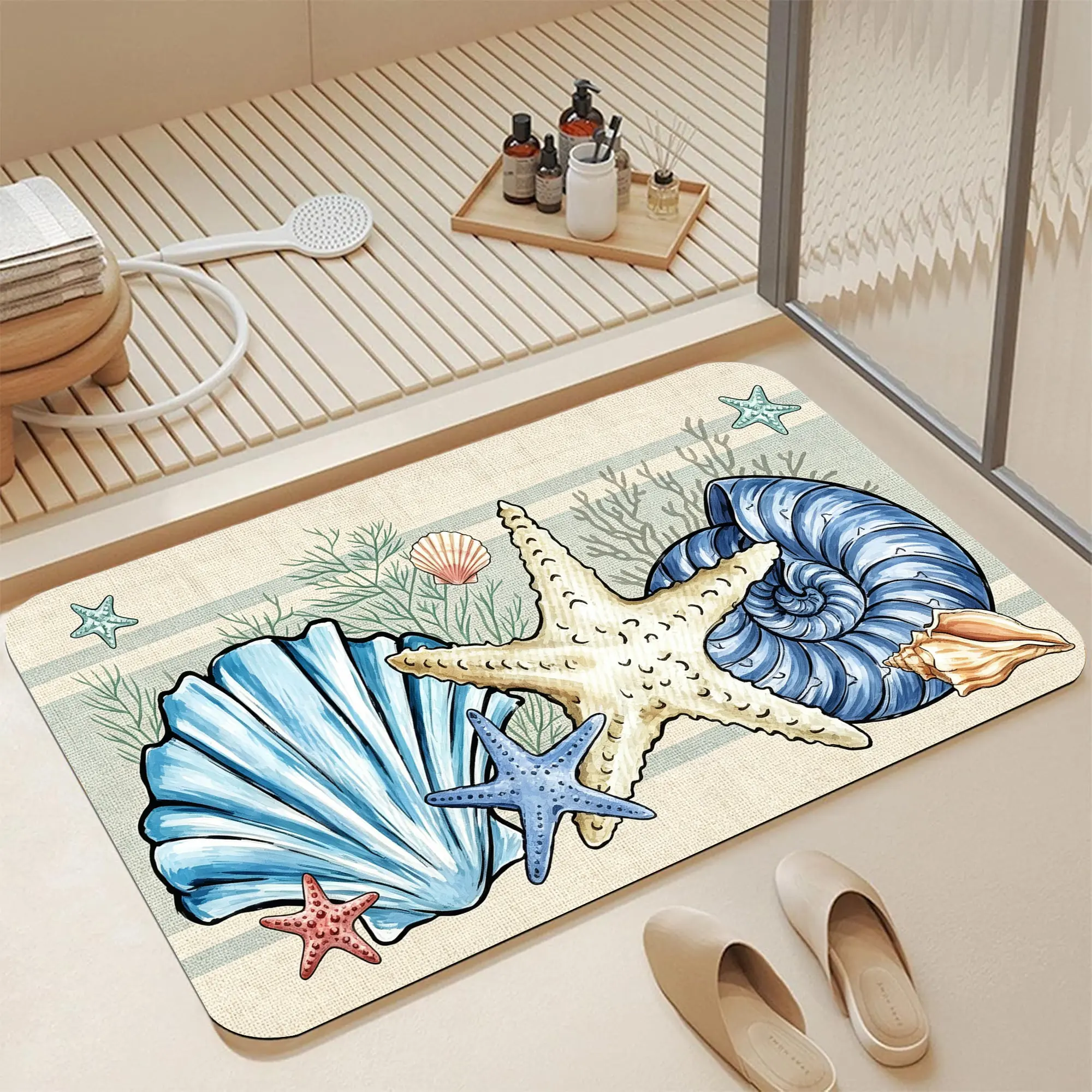 16*24"Nautical Watercolor Starfish Seashell Coral Linen Stripe Diatomite Bath Mat |   Instant Dry Non Slip Beach House Ocean Shell Starfish Print Diatomaceous Earth Bath Mat Fast Absorbent Coastal Neutral Linen Striped Seashell Starfish Diatomite Shower R
