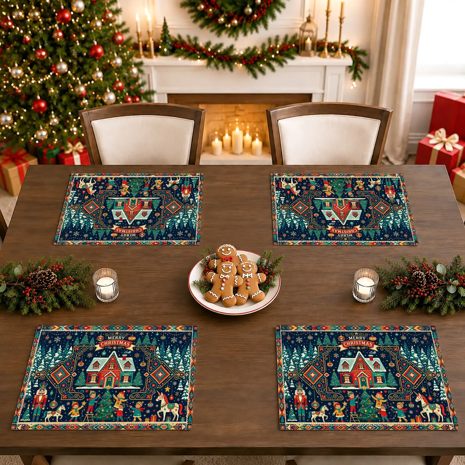 4/6pcs Christmas Gingerbread House & Nutcracker Placemats, Vintage Christmas Style for Dining Table, Kitchen, Christmas Dinner & Holiday Home Decor, Christmas Gifts, Table Decoration