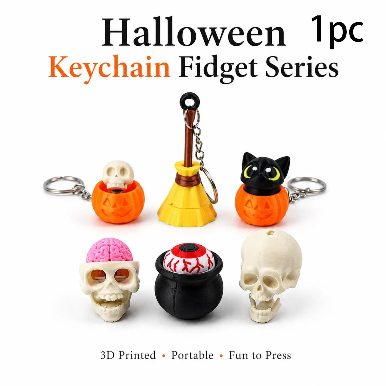 Halloween Theme Stress Relief Decorative Ornament, 3D Printed Skull Pumpkin Cat Witch Pot Broom Keychain, Dark Style Portable Accessory
