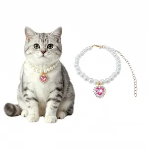 Luxury Pearl Pet Necklace with Pink Crystal Heart Pendant – Handmade Adjustable Cat Dog Collar for Small Medium Puppy Kitten Kitty – Wedding Birthday Party Lightweight Jewelry for Pets Poodle