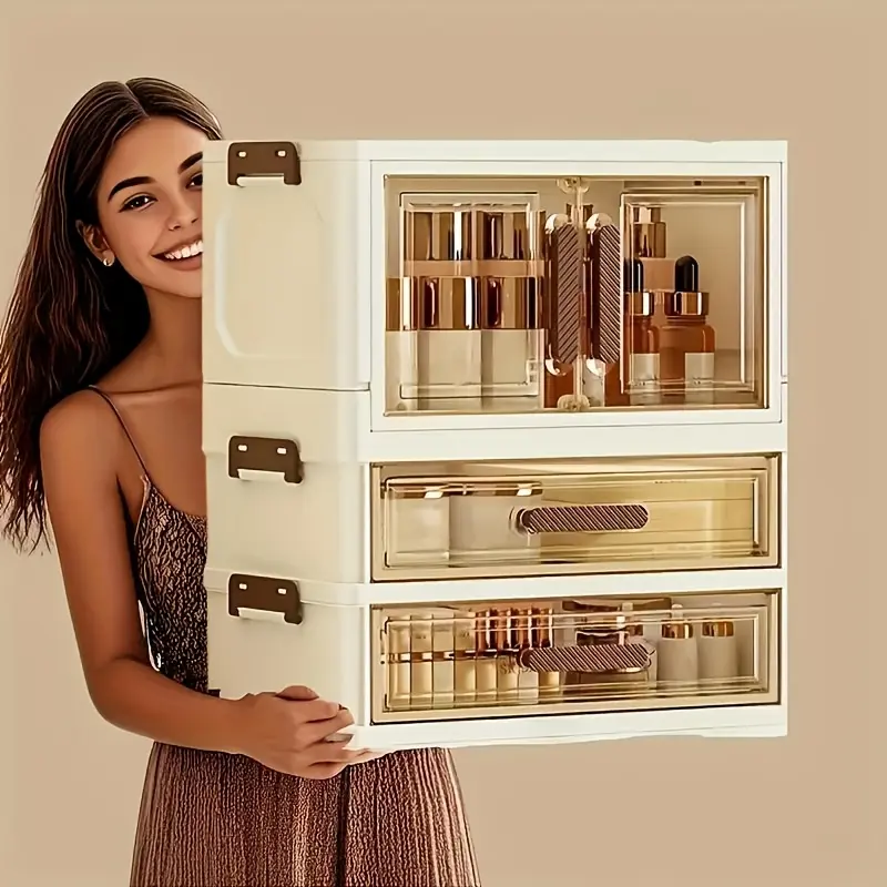 1 set of folding tabletop storage box with drawers, transparent visual storage cabinet, household multi-functional Beauty Makeup Cosmetics tabletop storage box, suitable for living room/bedroom/bathroom/office/dormitory, storage supplies