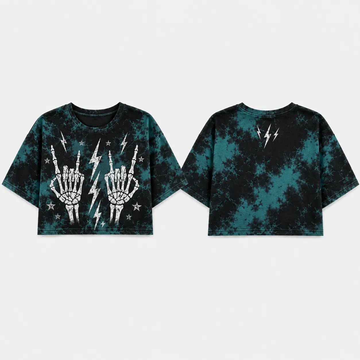 Women’s Gothic Cropped Graphic T-Shirt, Tie Dye Skeleton Hands Tee, Oversized Short Sleeve Crop Top with Skull Moth Snake Moon Heart Print, Grunge Streetwear Shirt for Women Teens, Halloween Concert Festival Casual Outfit