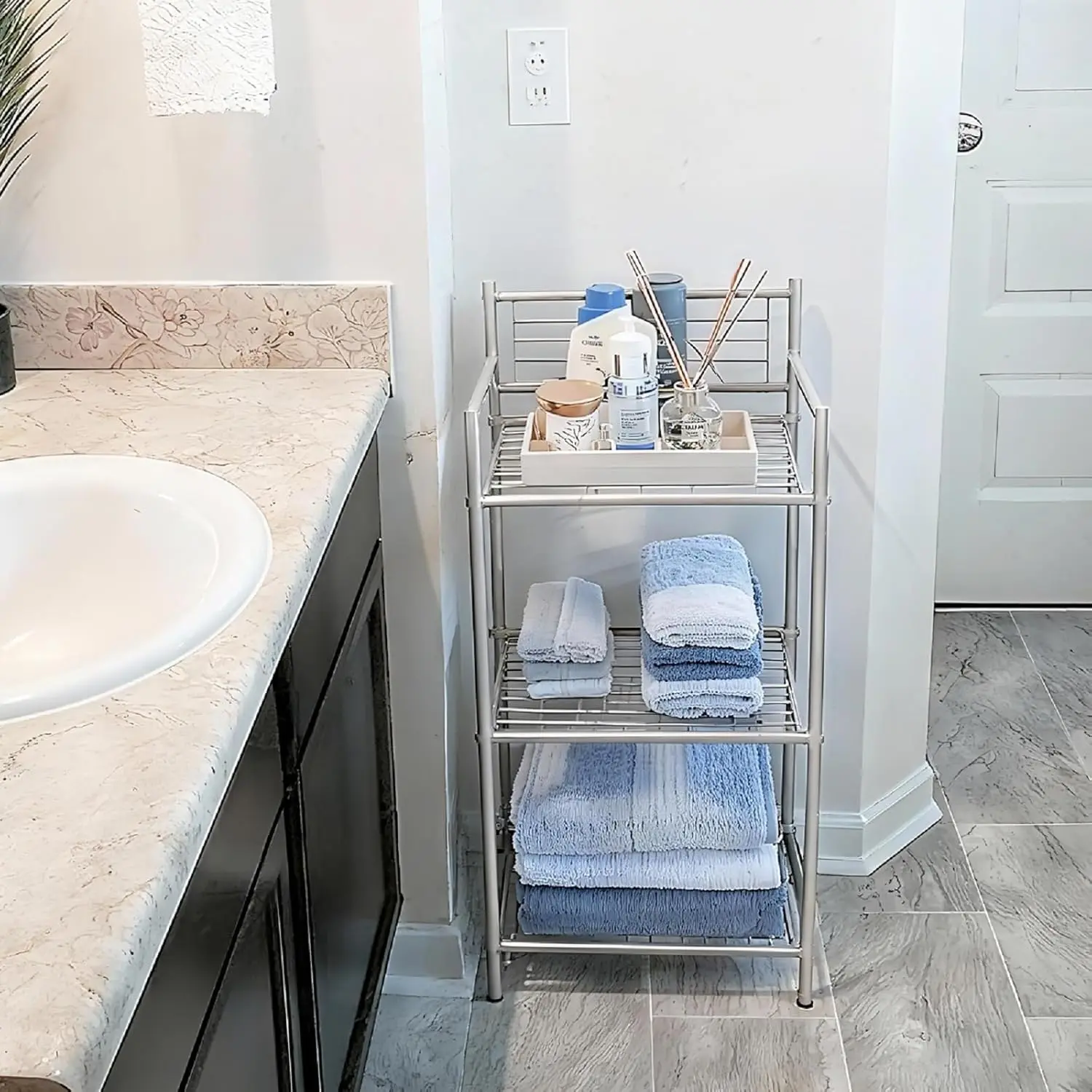3-Tier Metal Shelving Unit, Sturdy Bathroom Storage Shelf & Free Standing Towel Rack with Adjustable , Open Floor Shelves for Small  in Bathroom, Kitchen, Office, -Gray