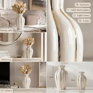 Nordic Style Ceramic Bouquet Vase with Isolated Electroplated Gold Lines, Dual-Layer Textured Finish, Elegant Decor for Living Room and Office, Perfect for Fresh and Dried Flowers #GLOBAL PICKS