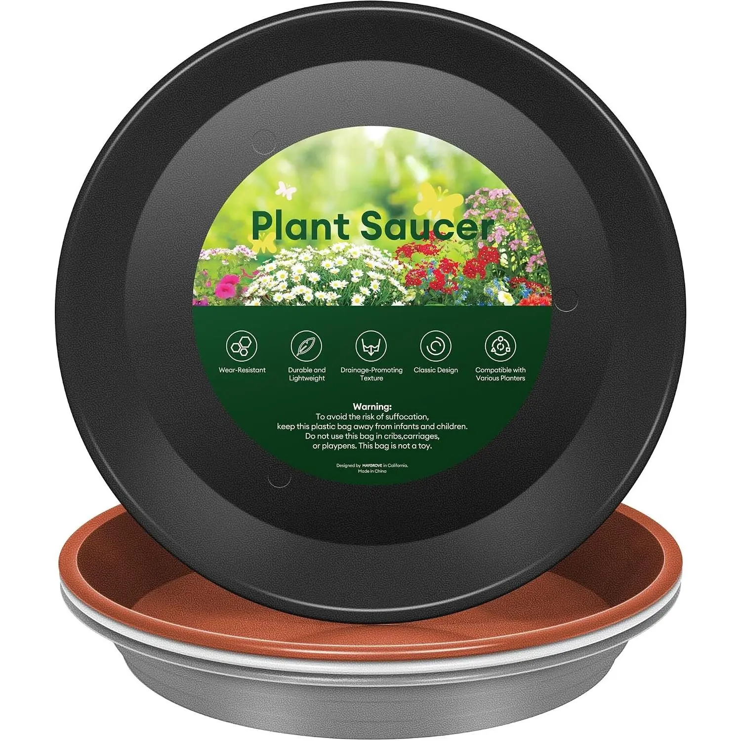 4 Pack  , 8 10 12 inch  Saucers for Indoor, Heavy Duty Plastic  Trays for pots, Grow Bags, Bird Baths, Flower Drip Trays for Indoor and Outdoor Uses (8", 4 Colors)