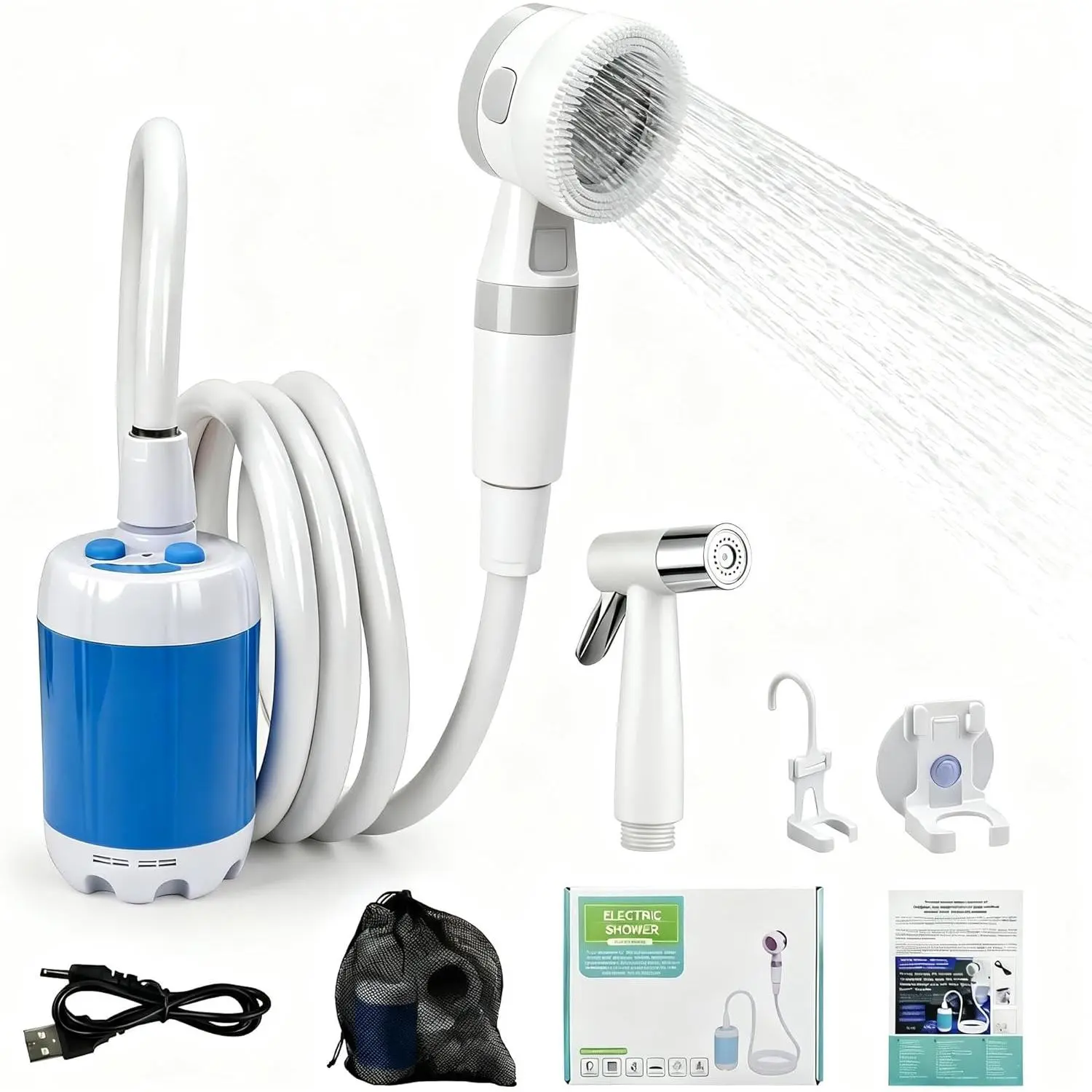 Portable Rechargeable Outdoor Camping Shower with Removable Power Spray Head & Washable Pump - for Baby Pet Cleaning, Car Washing (No Warning Applicable)