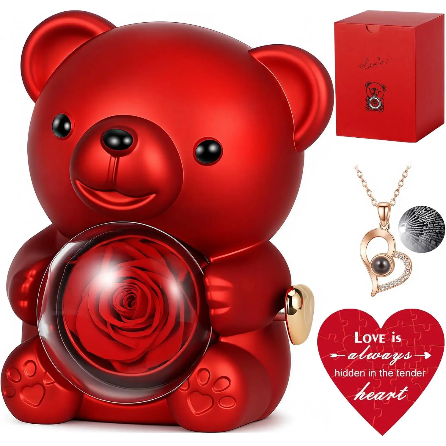 Glossy Preserved Rose Cute Teddy Bear Gift Box - Rotating Design with Hidden Surprise Necklace, Festive Gift for Her (Birthday, Valentine’s Day)