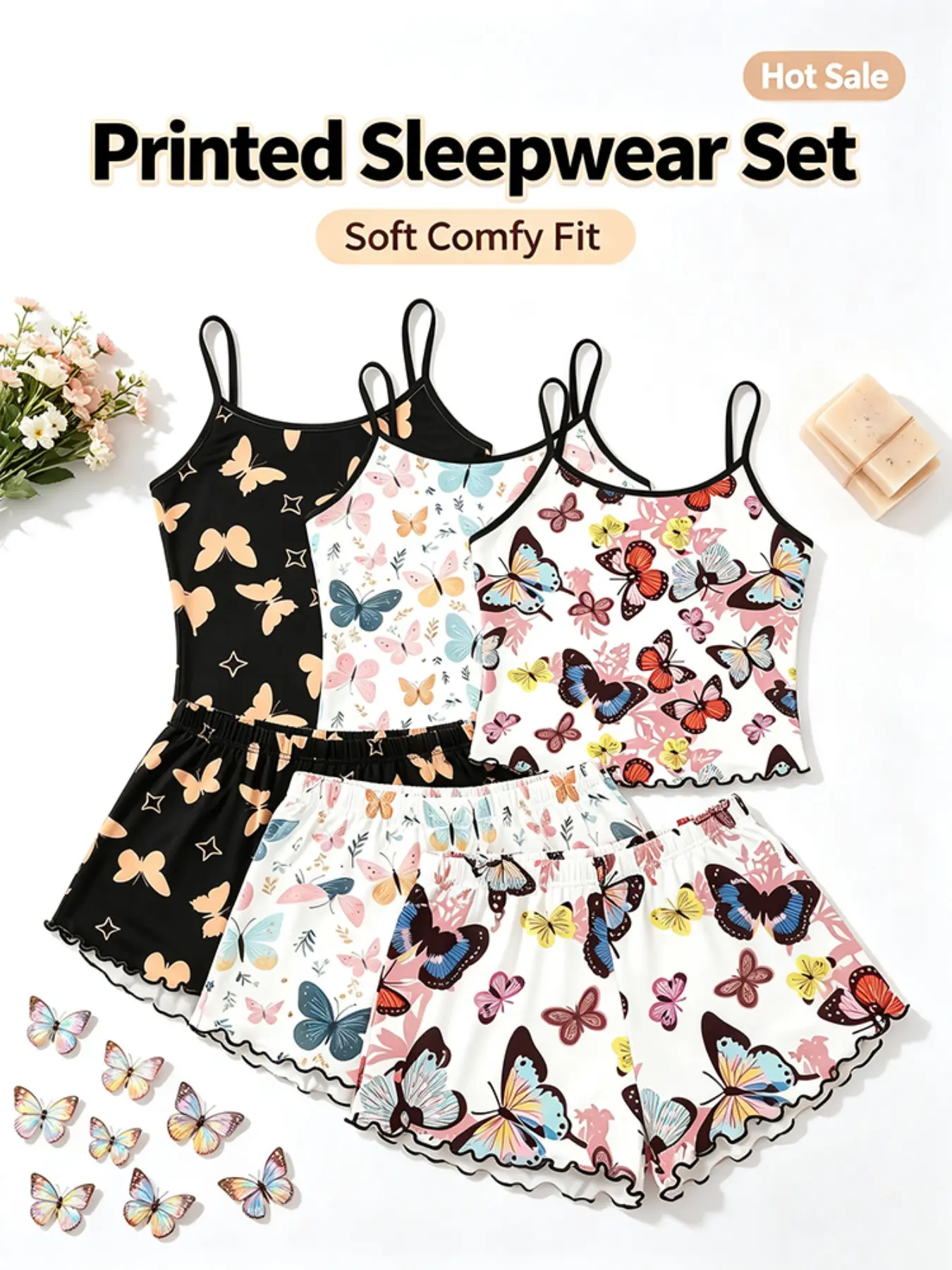 Women's Sleepwear 6 Piece Matching Bundle Butterflycore Fairycore Dreamy Butterfly Print Summer Soft Girl Ethereal Style Spaghetti Strap Lettuce Ruffle Hem Contrast Trim Silky Breathable Lightweight Cami Short Pant Set Home Sleepover Lounge Wear