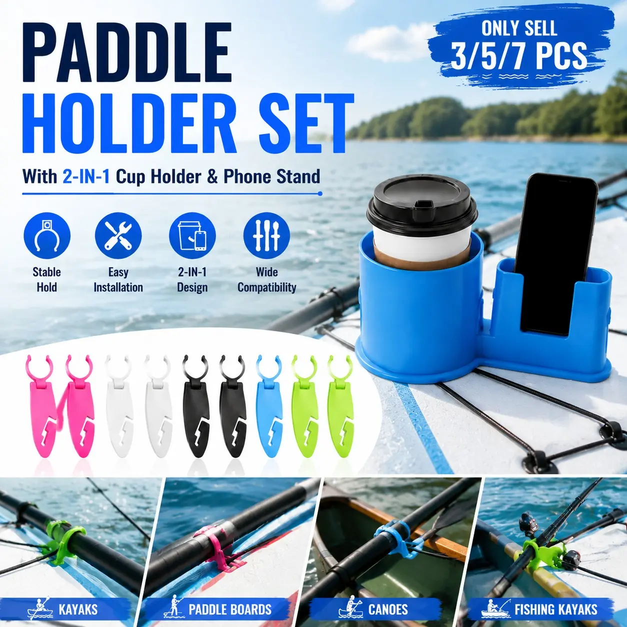 3/5/7 PCS Stable Paddle Holders with 2-In-1 Cup Holder, Phone Stand and Cellphone, Adjustable Fixing Clamps with Easy Installation, Universal Paddle Storage Clips for Kayaks Canoes Paddle Boards Oars and Outdoor Water Sports