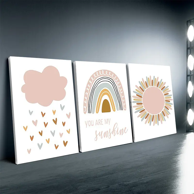 2D flat, framed, three-piece Nordic-style sun and cloud poster - decorative art print for baby and children's room - rainbow canvas oil painting, framed design