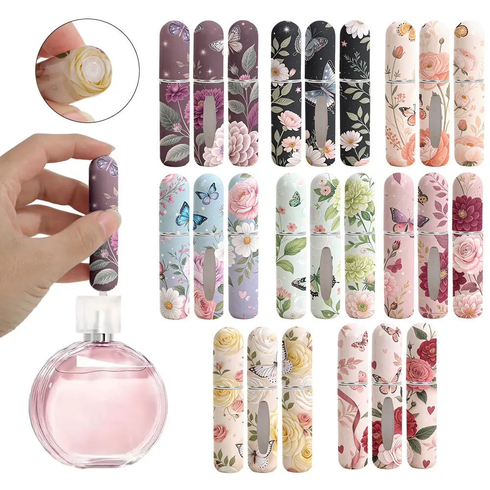 Vintage Flower & Butterfly Print Refillable Mini Perfume Atomizer Keychain - Portable Empty Spray Bottle, Fashion Accessory, Mini Travel Products (Set 1, Multiple Patterns Available)