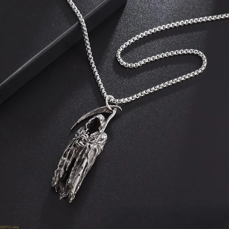 Gothic Sickle Reaper Necklace & Skull Bag Charm, Sleek Skull Streetwear Jewelry for Clubwear & Concerts, Sleek Skull Pendant