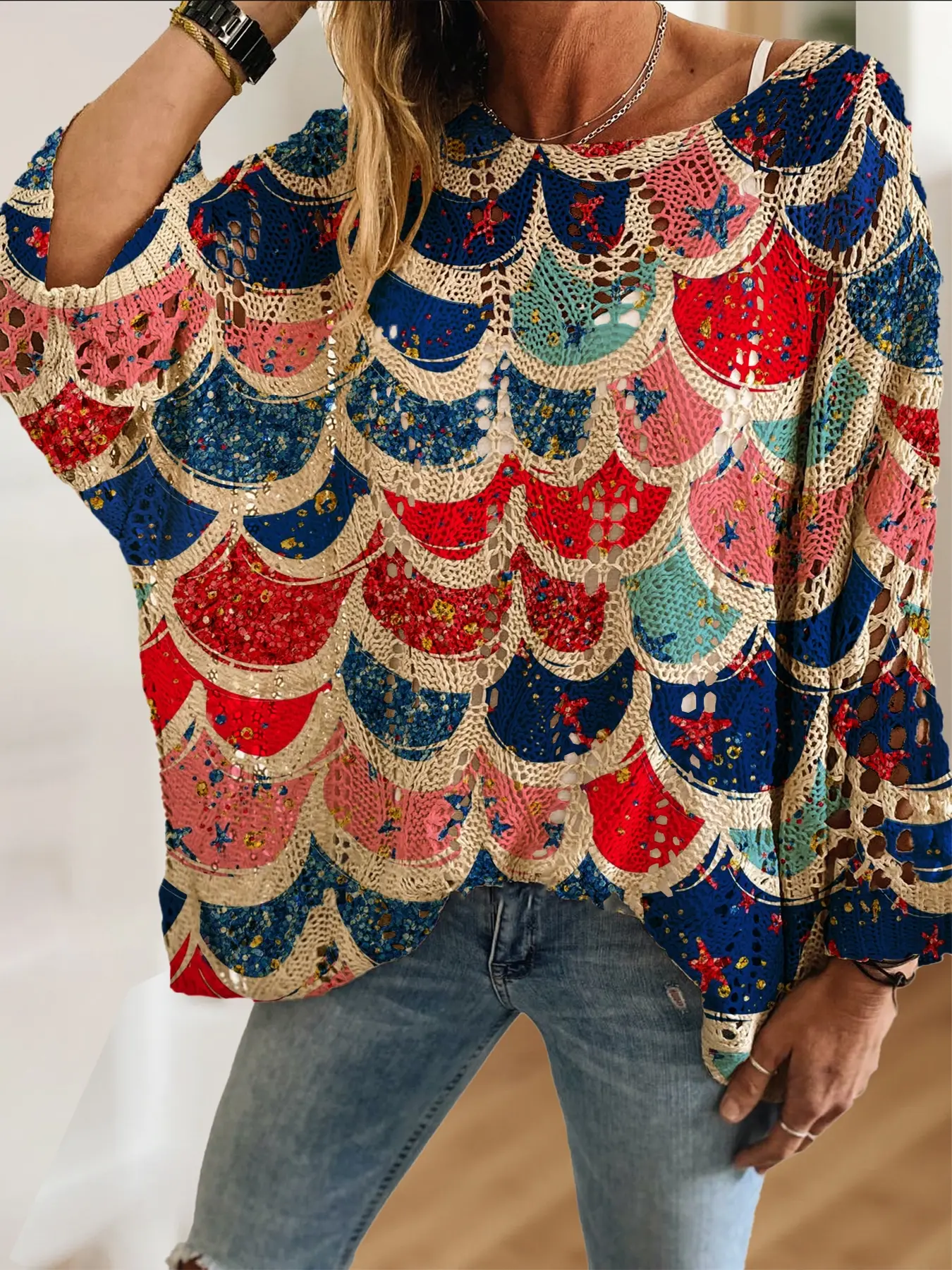 Women's Elegant Sequined Fish Scale Stars Print Round Neck Long Sleeve Knit Hollow Out Top, Casual Vacation Style Sweater
