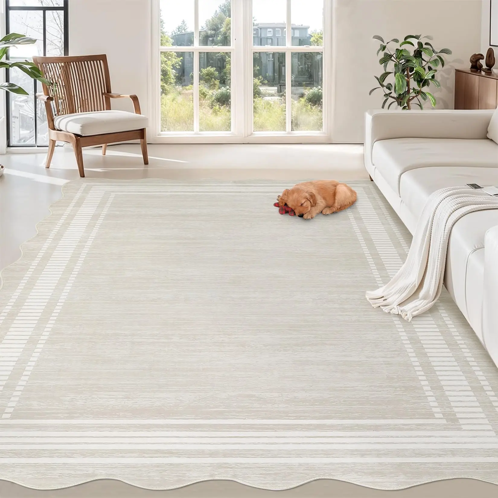 GARVEEModern Scalloped Area Rug 9x12 - Large Washable, Non-Slip, Soft Low-Pile Carpet for Living Room, Bedroom, Dining Room, and Home Office in Beige