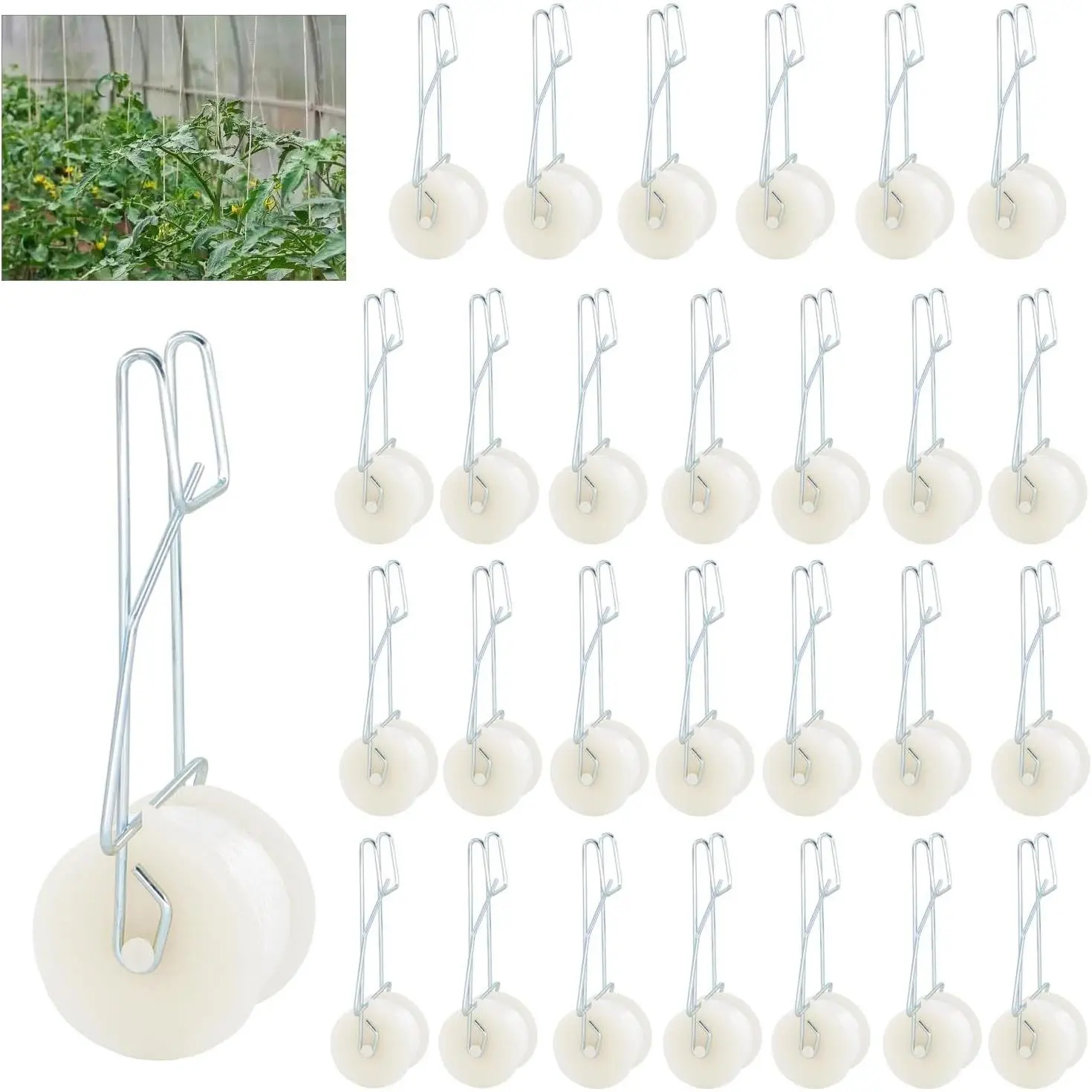 40 Pack Tomato Roller Hooks with 49.2FT String, Greenhouse Trellising Kit for Tomato, Plant, Flower Vine Twine Crop Trellis
