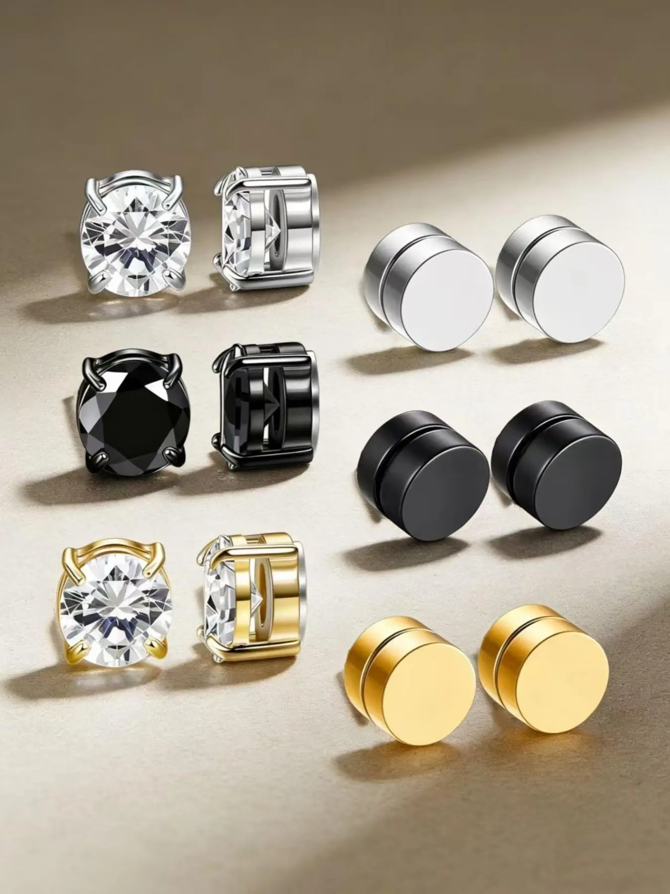 6 pairs of zirconium element stud earrings 6MM without ear holes, with ear clips and no need for piercing, casual style, zirconium gemstone magnet earrings for men and women, Inlaid Magnetic Earrings, jewelry accessory