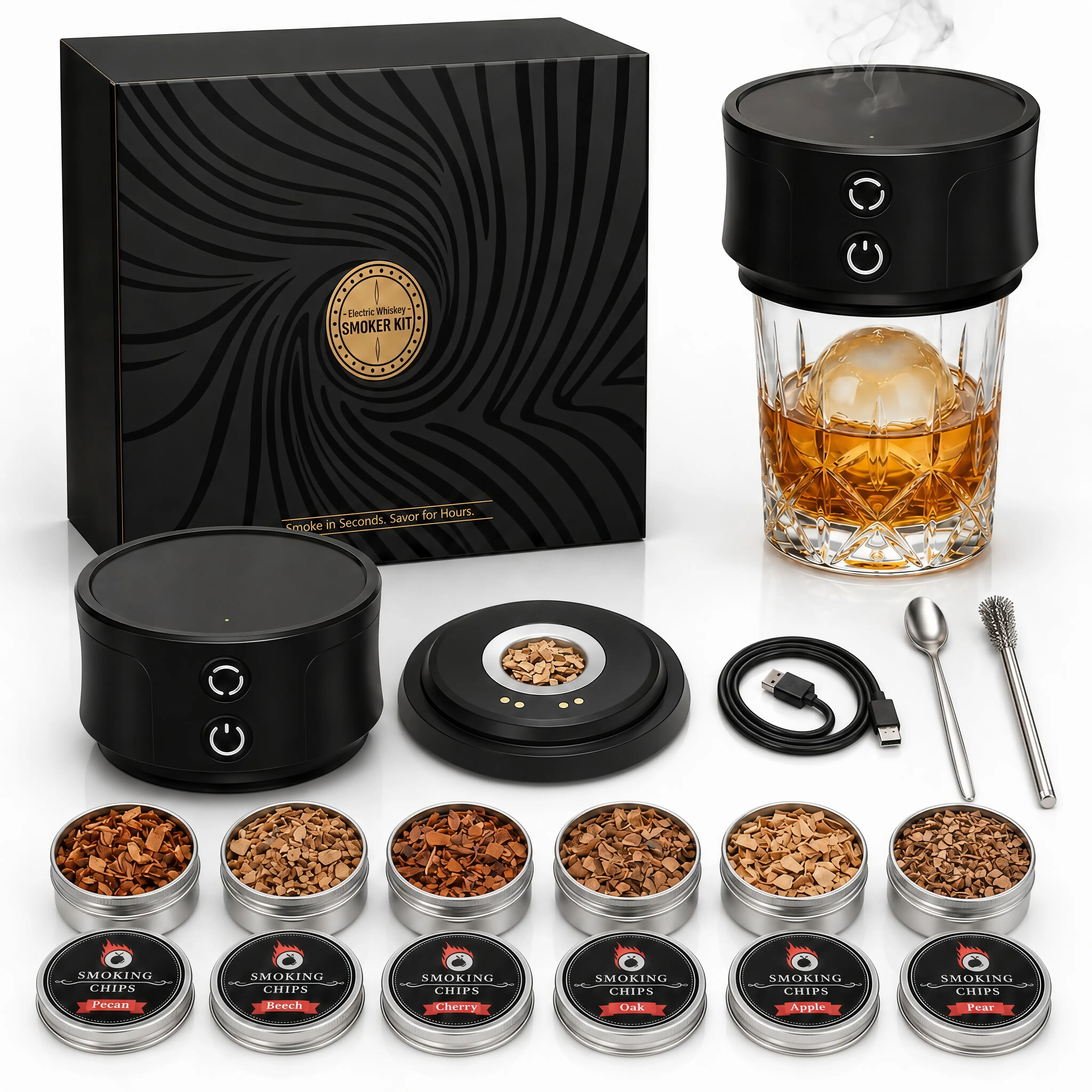 Reusable Rechargeable Electric Whiskey Smoker Kit - No Butane Needed, 6 Wood Chips Flavors, RGB Light Show, Recharge-Go, Home Bar Accessory, Party-Ready Smoke, Drink Flavor Enhancer, Father’s Day Gift for Dad-Husband
