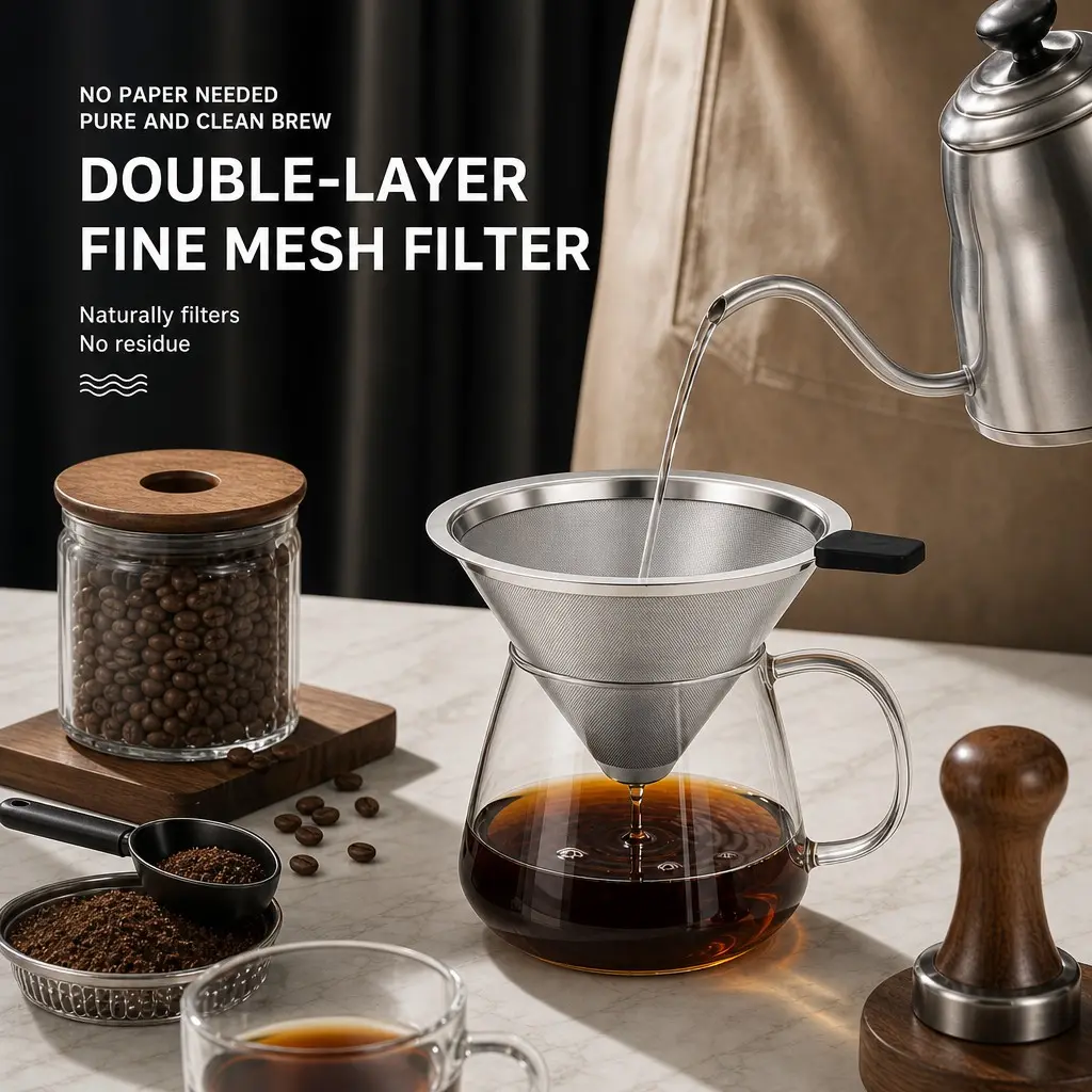 Reusable 304 Stainless Steel Pour Over Coffee Filter Double Layer Fine Mesh Coffee Strainer Eco Friendly No Paper Filter Needed Anti-Scald Silicone Handle Hand Drip Coffee Maker Accessory For Home Barista Coffee Lovers