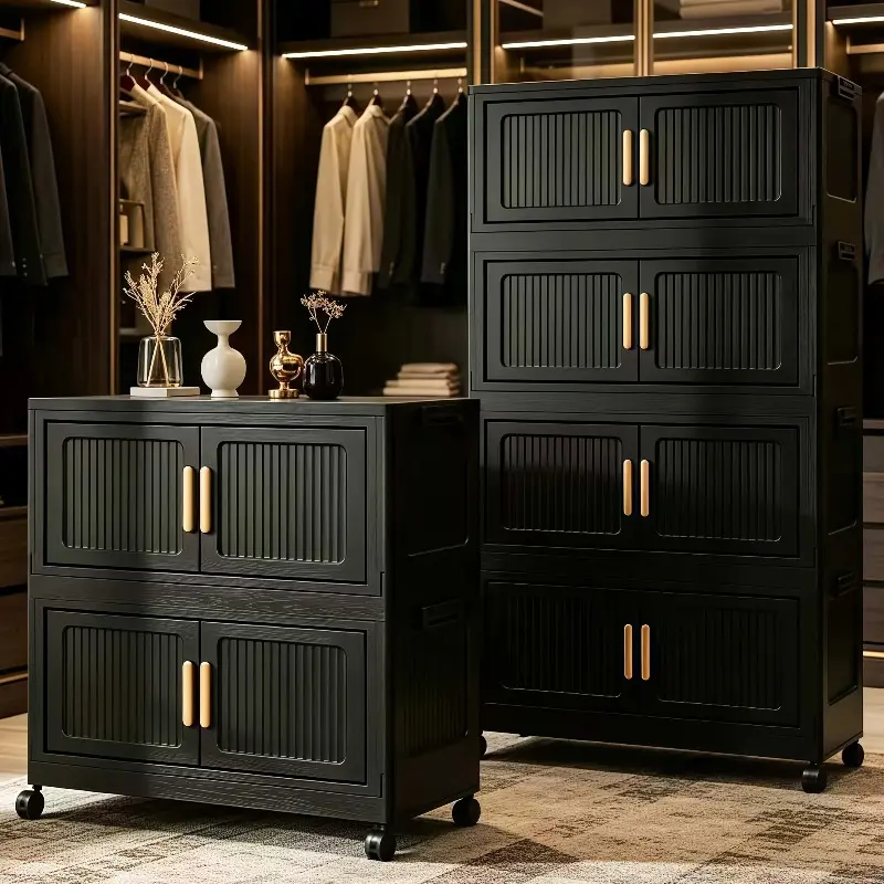 Stackable wardrobe storage cabinet, 3/4/5/6 layer black large capacity movable storage cabinet, convenient foldable plastic wardrobe organizer, double door storage box, space saving portable wardrobe with lid and door