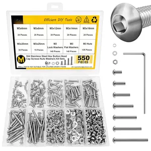 550 count M3 Screw Metric Screw , 304 Stainless Steel Hex Socket Button ,  Printer DIY Metric Bolt , Flat & Spring Lock Washers/Nuts/Hex Wrenche M3*6/8/12/14/16/20/25mm