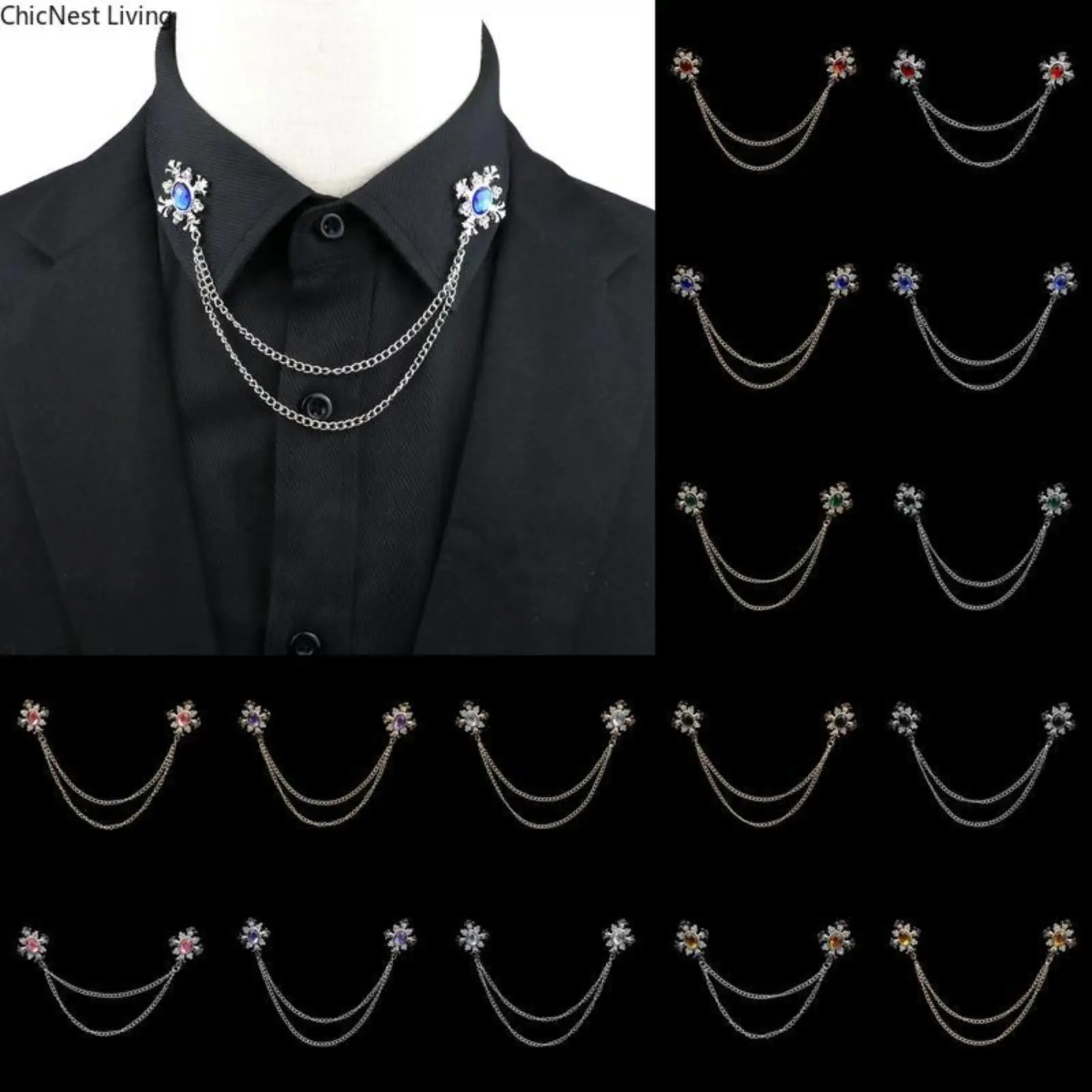 Unisex Retro Look Tassel Chain Brooch - Crystal Rhinestones Cross Shape Lapel Pin for Men's Suit, Shirt Collar, Wedding Fashion Clothes Accessories