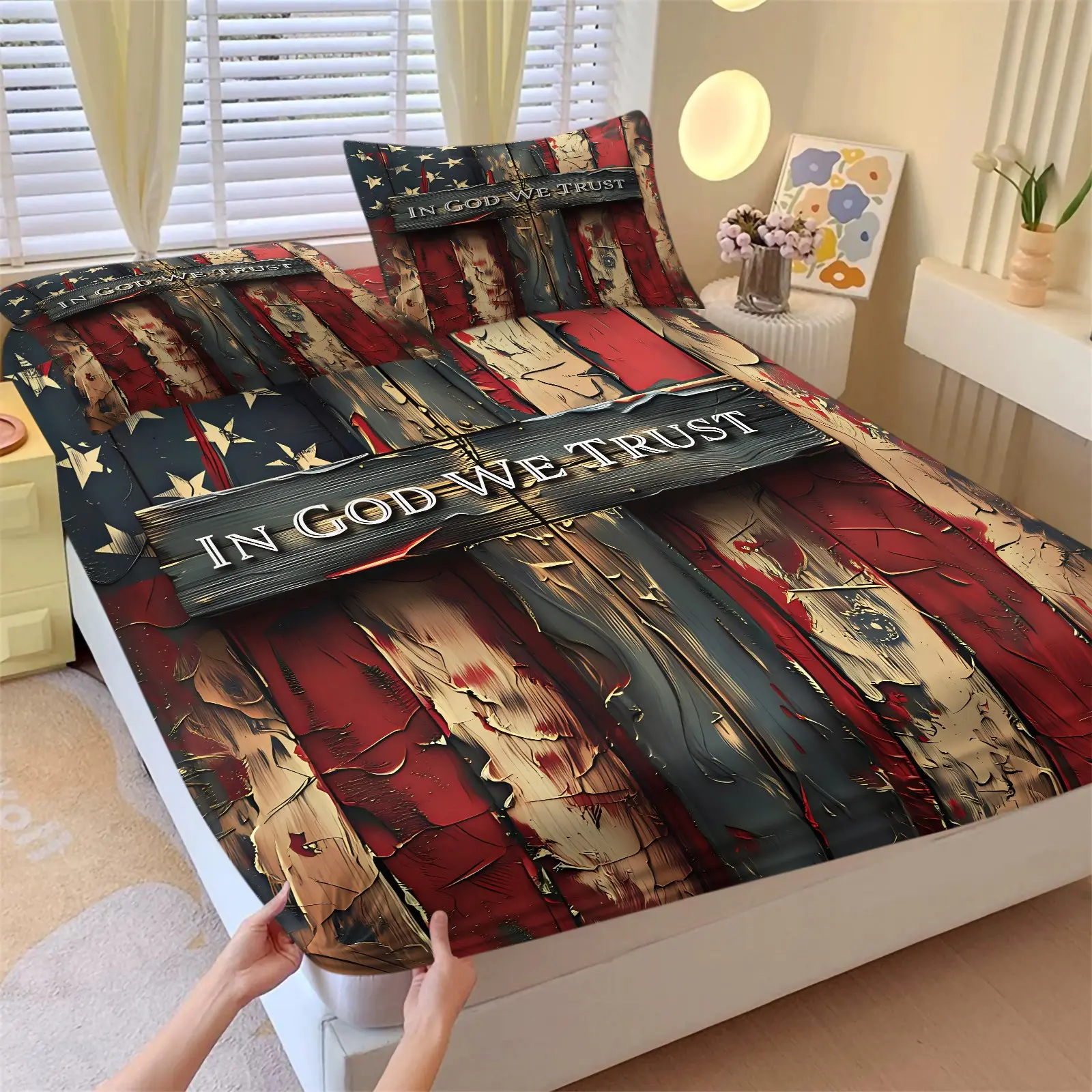 3-Piece American Flag & Cross Fitted Sheet Set with Vintage Wood-Grain Design (1 Fitted Sheet + 2 Pillowcases) – Rustic Farmhouse Style Bedding; Soft and Comfortable; Ideal for Patriots, Veterans, and Independence Day Bedroom Decor